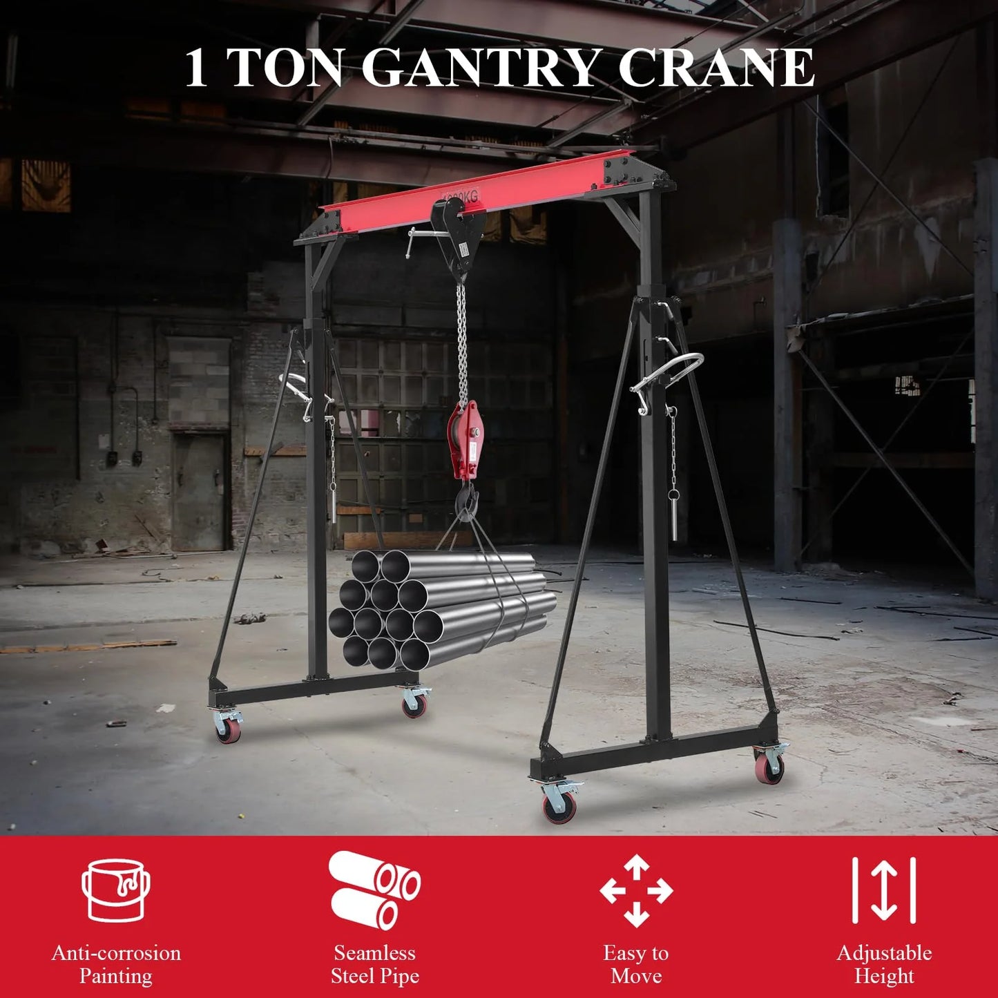 2025  1 Ton Adjustable Gantry Crane, 2200 lbs Capacity, Height Adjustable 96.5"-143.7", Portable Hoist for Factory, Construction, Warehouse, Auto Repair