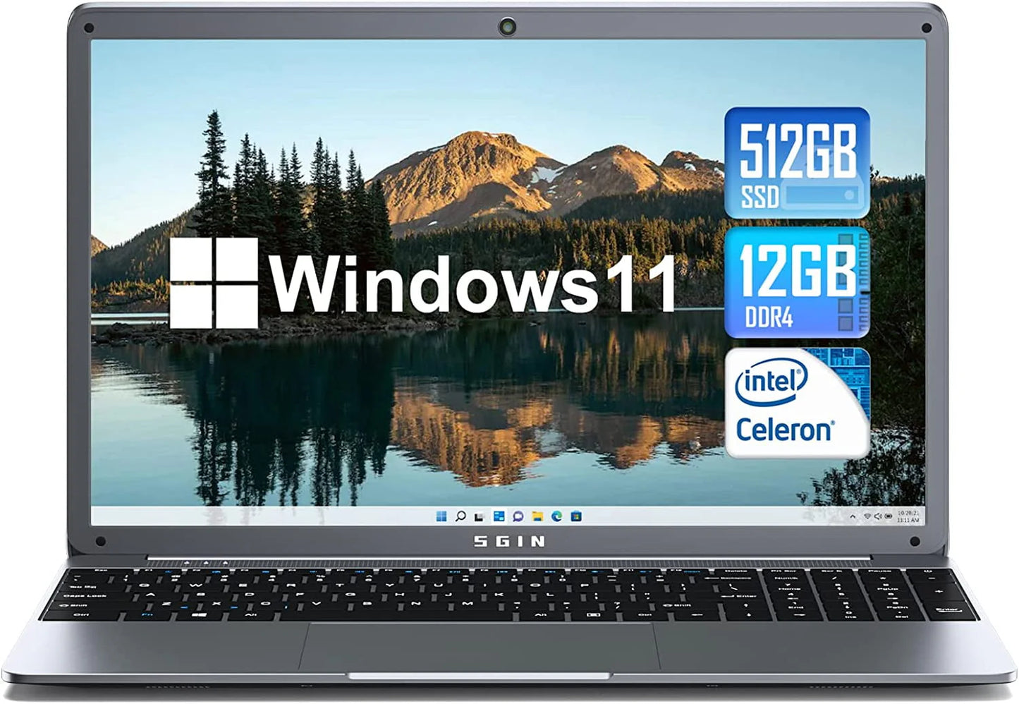 SGIN 15.6inch Laptop 12GB DDR4 512GB SSD Windows 11 with Intel Celeron N5095A Full HD 1920x1080