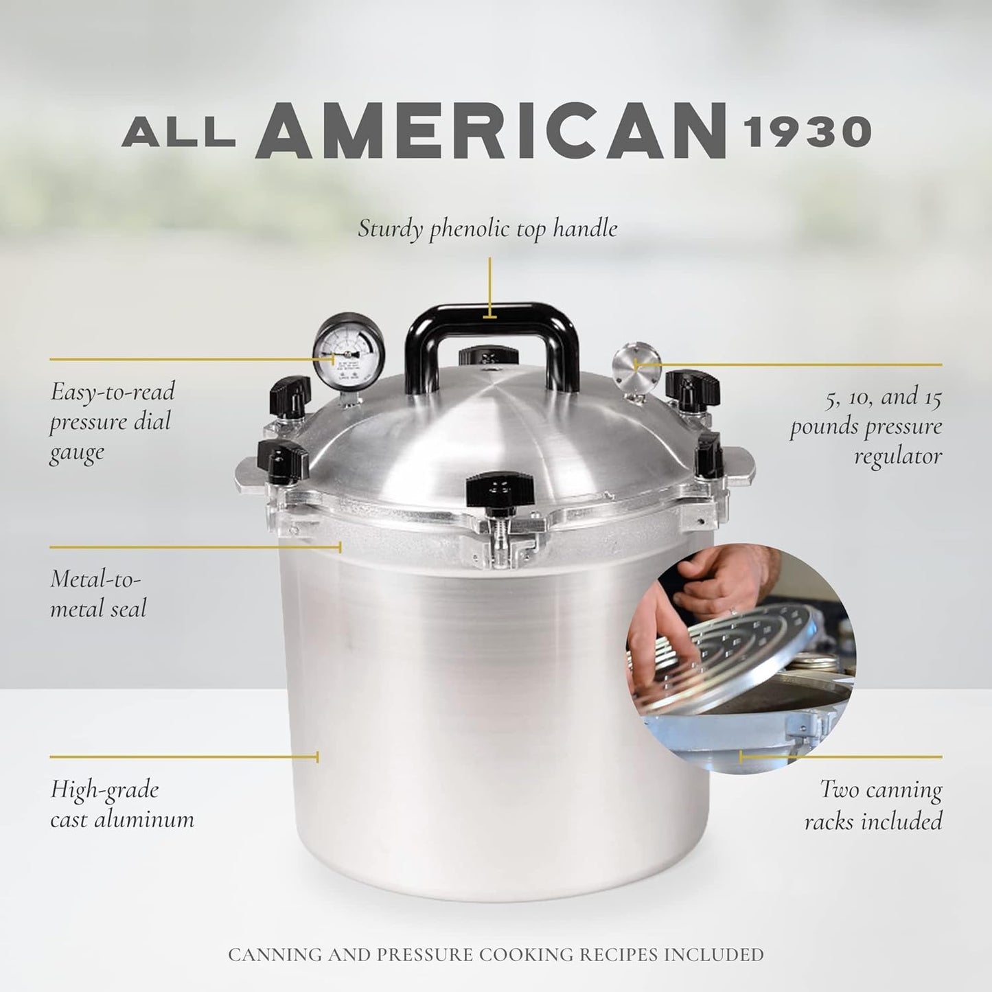 All American 1930: 21.5qt Pressure Cooker/Canner (The 921) – Exclusive Metal to Metal Sealing System – Easy to Open & Close – Suitable for Gas, Electric, or Flat Top Stoves – Made in the USA