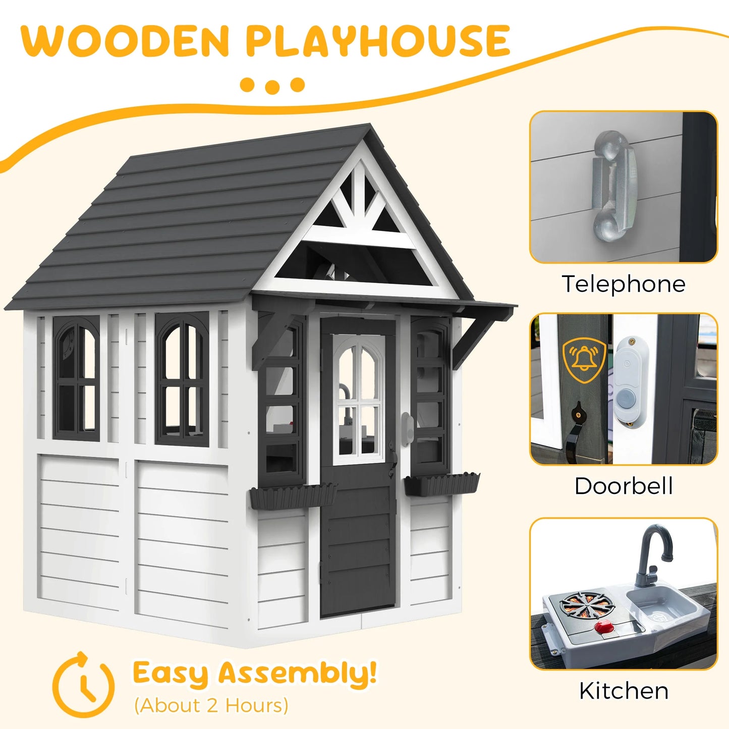 COCLUB Outdoor Playhouse for Kids Ages 4-8, Wooden Play House with Doorbell, Phone, Kitchen Toys, Outdoor Kids Play Equipment, Casa Para Ni?as (45L x 65H), White & Black