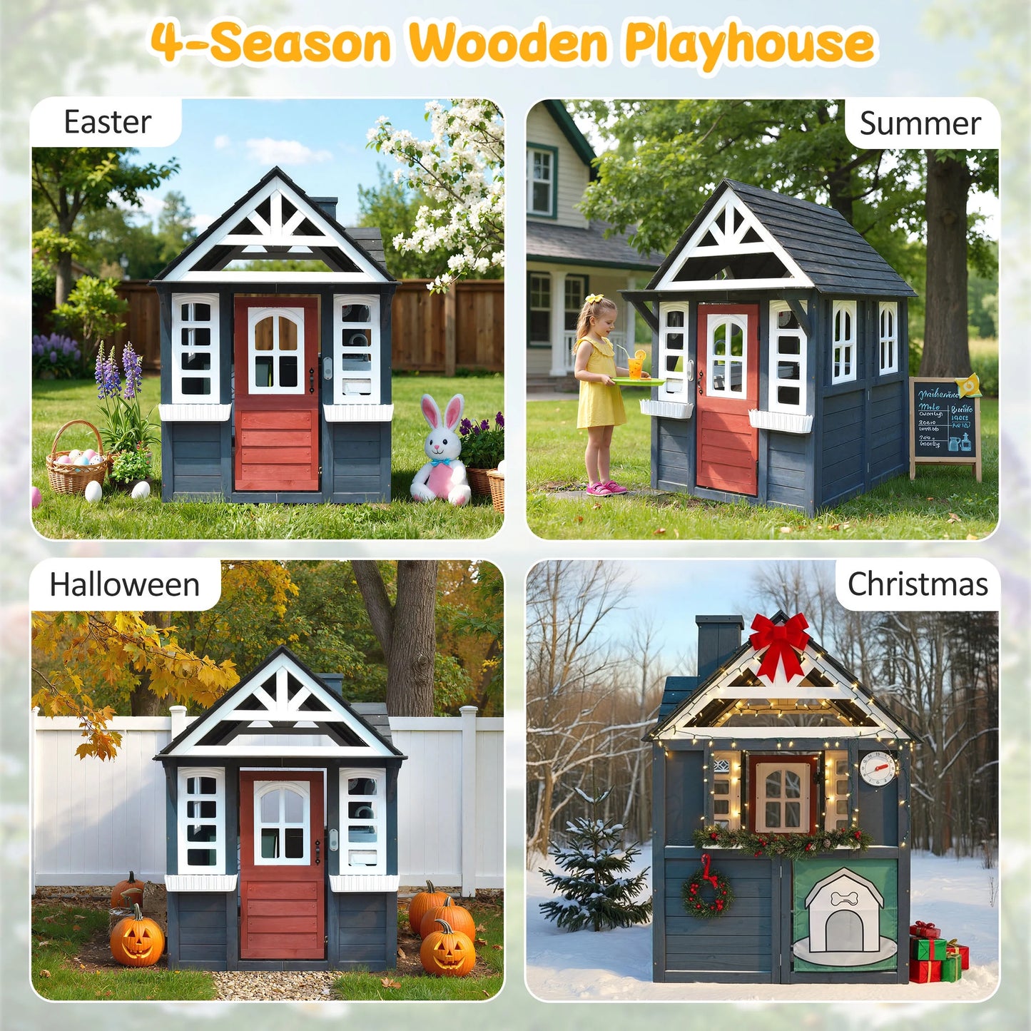COCLUB Outdoor Playhouse for Kids Ages 4-8, Wooden Play House with Doorbell, Phone, Kitchen Toys, Outdoor Kids Play Equipment, Casa Para Ni?as (45L x 65H), White & Black