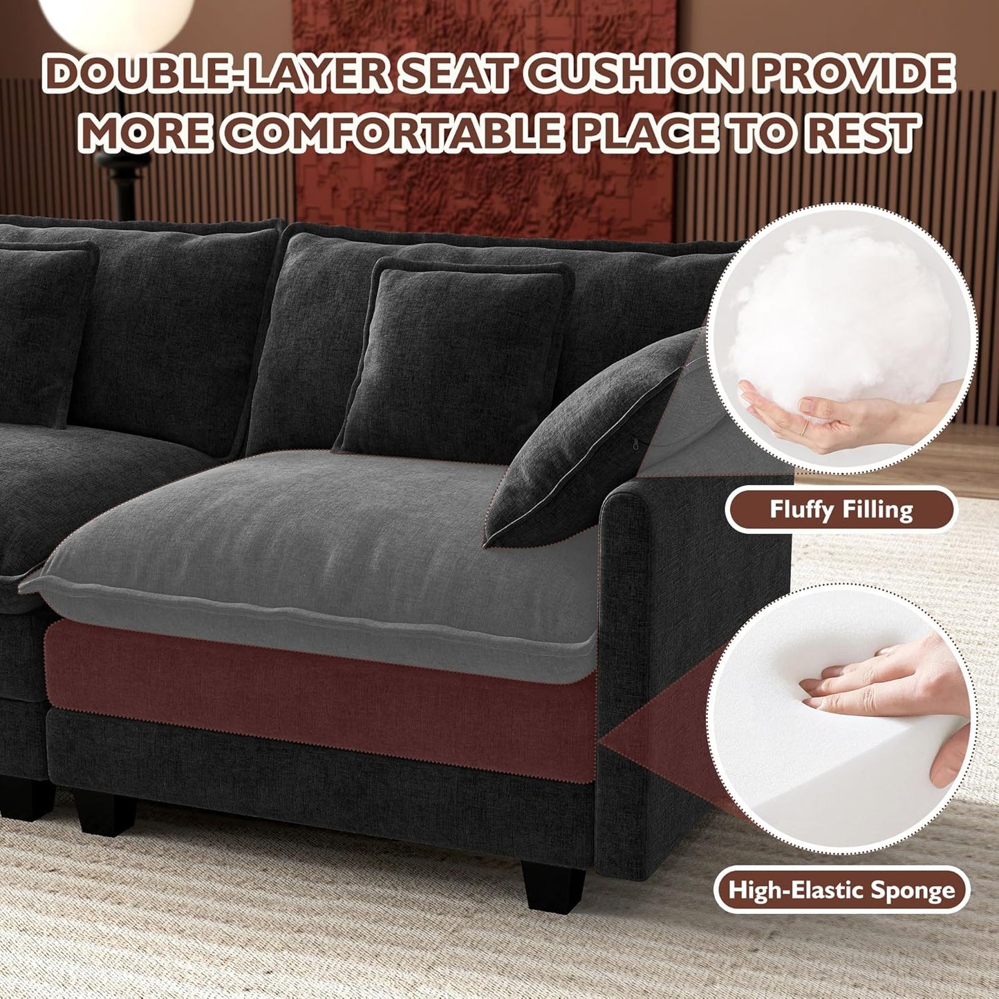 Ihanherry 146" U-Shaped Modern Sofa Modular Sectional Cloud Couch with 2 Ottoman, 6-Seat Chenille Deep Seat Sofa with 6 Pillows for Living Room, Bedroom and Apartment, Grey