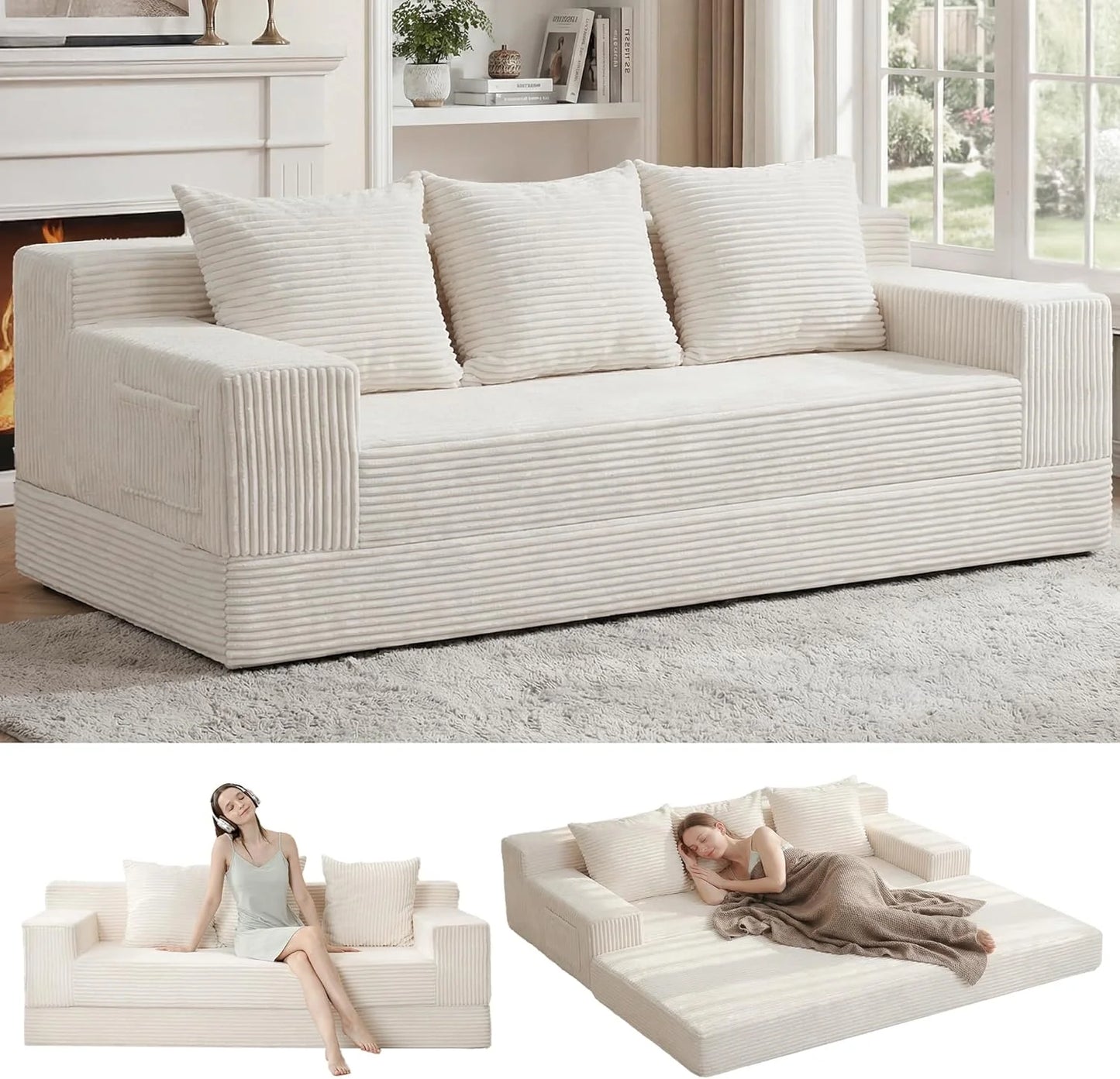 Loveseat Boneless Convertible Sofa Bed, Folding Floor Futon Sleeper Sofa Couch Bed- Boneless Foldable Couch, Corduroy Pull Out Sofa Bed with 2 Pillows for Living Room & Bedroom