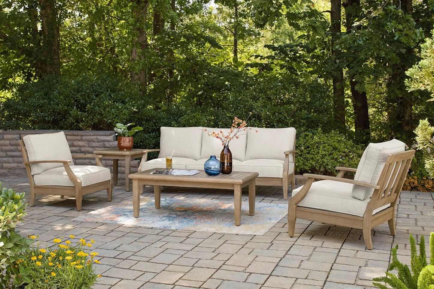 Signature Design by Ashley Clare View Coastal Outdoor Patio Eucalyptus Sofa with Cushions, Beige