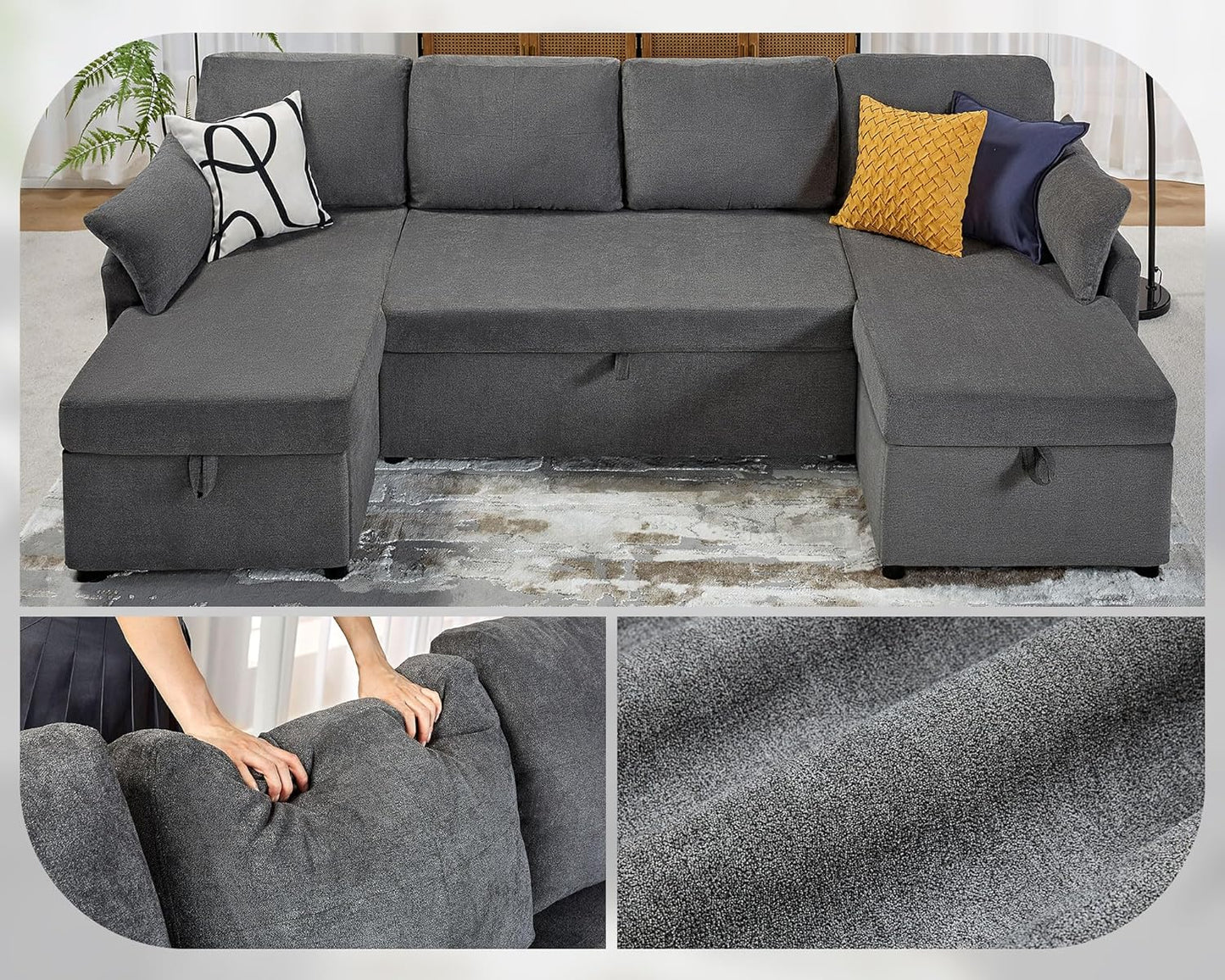 VanAcc Sofa Bed, Sleeper Sofa with Storage Chaise 2 in 1 Pull Out Couch Living Room
