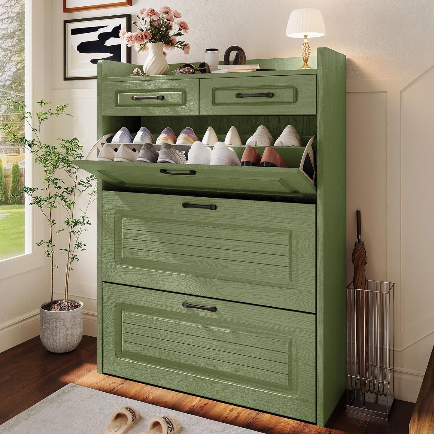 Shoe Cabinet with 3 Large Flip Drawers & 2 Storage Drawers, Narrow Shoe Organizer Cabinet Fits