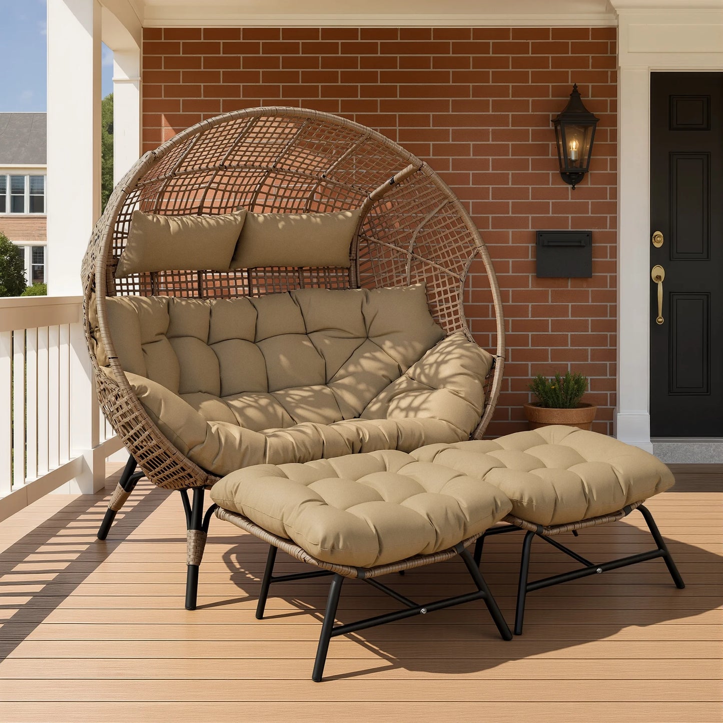 RADIATA Double Egg Chair for 2 Person, Oversized Wicker Loveseat with Thick Cushions, 680 lbs Capacity, Indoor Outdoor Stationary Patio Lounge Chair for Balcony, Garden, Beige
