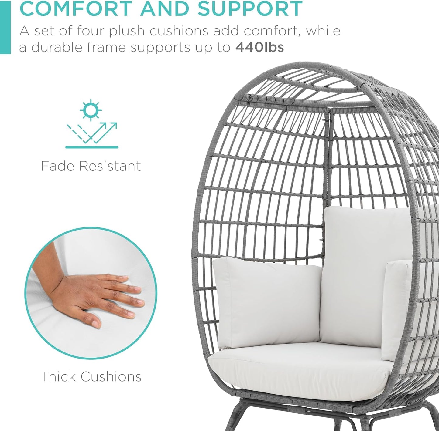 Best Choice Products Wicker Egg Chair Oversized Indoor Outdoor Lounger for Patio Backyard Living Room w/ 4 Cushions Steel Frame 440lb Capacity - Ivory