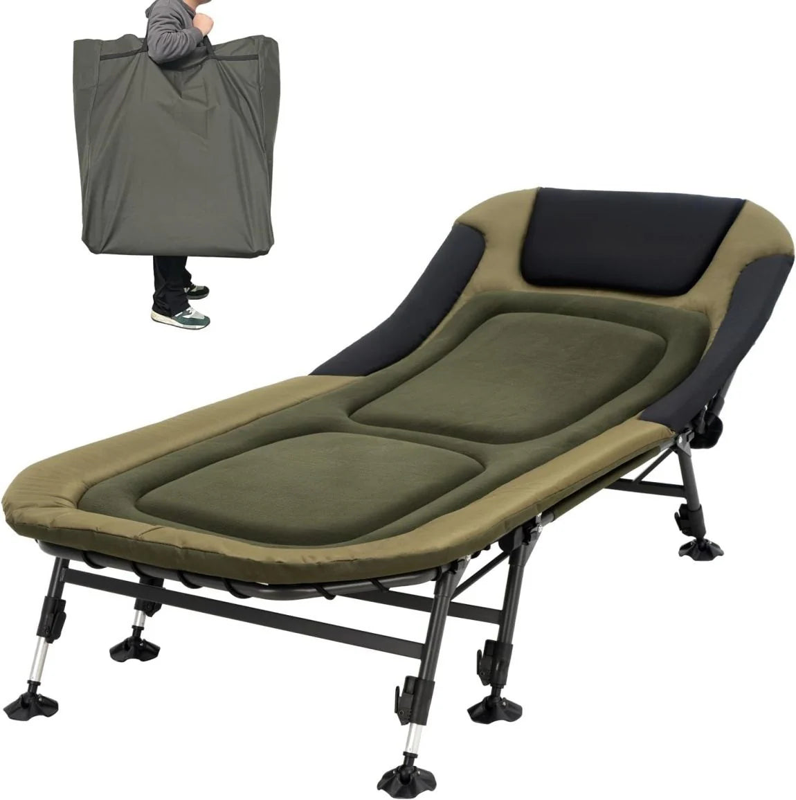 Camping Cots for Adults 330Lbs with Carry Bag, Heavy Duty Folding Bed with Soft Padded Cushion, Portable Military Cot for Hunting, 180 Adjustable Reclining Outdoor Lounger