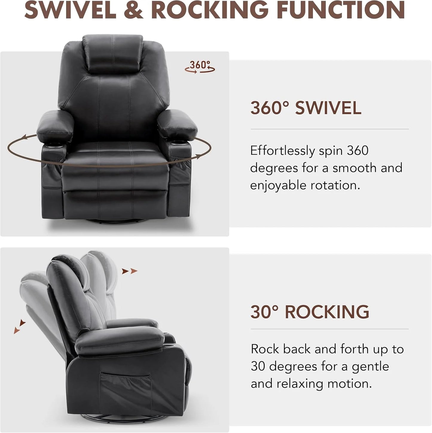 Oversized Swivel Rocker Recliner Chair with Heat and Massage, 360 Degree Swivel Rocking Single Sofa with Cup Holders and USB Port, Large Big Recliner Chair for Living Room (Leather, Brown)