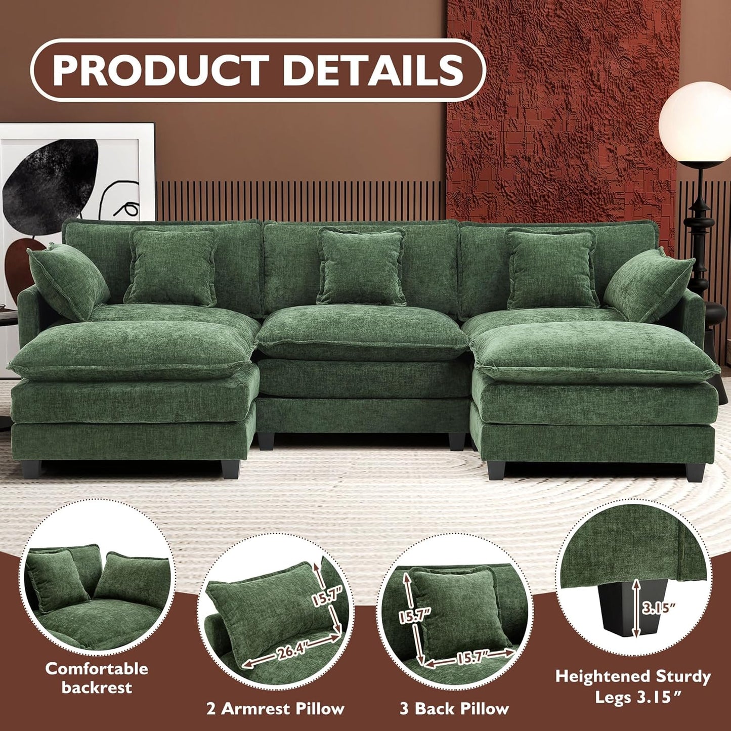 Ihanherry 146" U-Shaped Modern Sofa Modular Sectional Cloud Couch with 2 Ottoman, 6-Seat Chenille Deep Seat Sofa with 6 Pillows for Living Room, Bedroom and Apartment, Grey