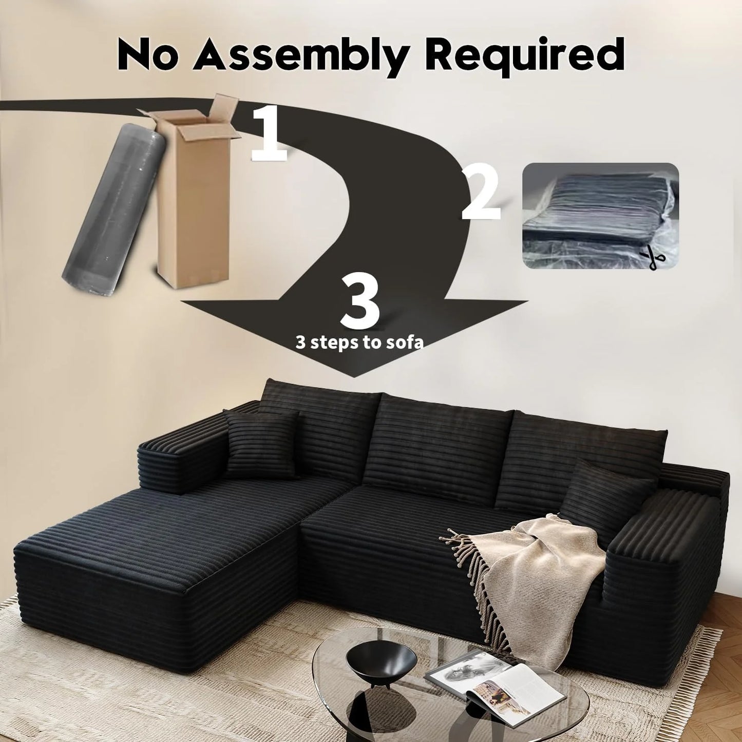107.5" Cloud Modular Sectional Sofa Couch with L-Shape Chaise,Modern Minimalist Upholstered Couches for Living Room Bedroom,Deep Seat Corner Couch .No Assembly Required (Black,Left Facing Chaise)