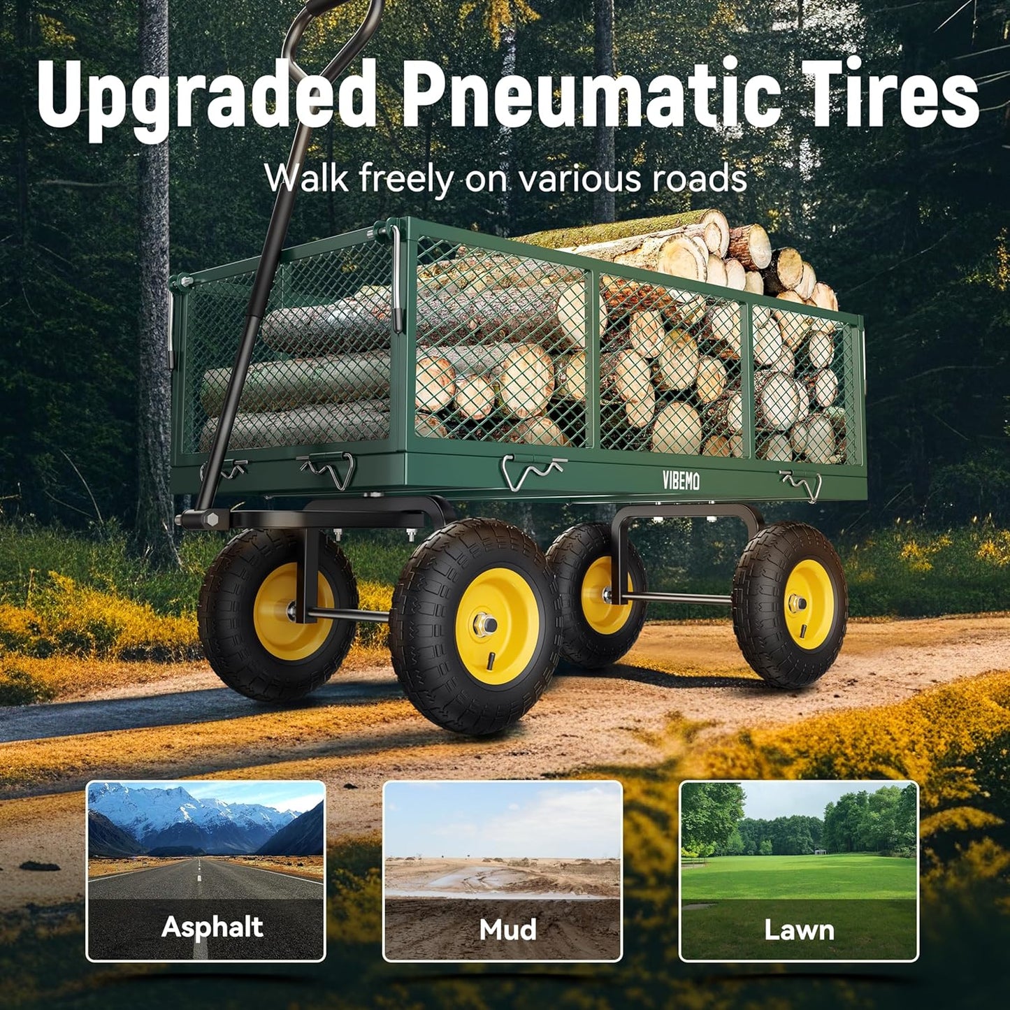 Steel Garden Cart, 2-in-1 1400 lbs Heavy Duty Utility Wagon, with Removable Mesh Sides to Convert into Flatbed, 240 U-Turn 13" Pneumatic Tires Garden Wagon for Farm Yard Lawn Garden Camping