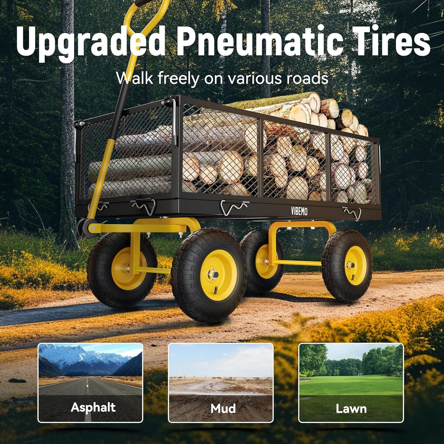 Steel Garden Cart 2-in-1 1400 lbs Heavy Duty Utility Wagon with Removable Mesh Sides to Convert into Flatbed 240?? U-Turn 13" Pneumatic Tires Garden Wagon for Farm Yard Lawn Garden Camping