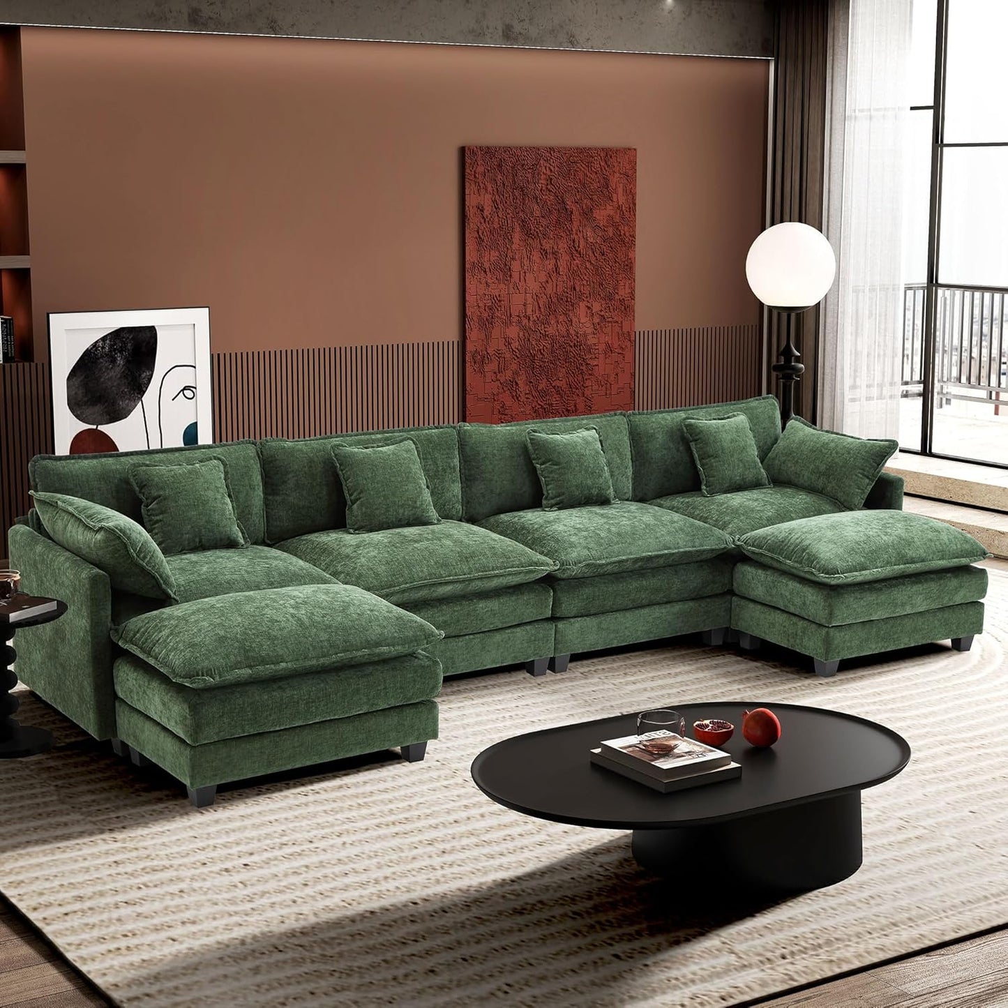 Ihanherry 146" U-Shaped Modern Sofa Modular Sectional Cloud Couch with 2 Ottoman, 6-Seat Chenille Deep Seat Sofa with 6 Pillows for Living Room, Bedroom and Apartment, Grey