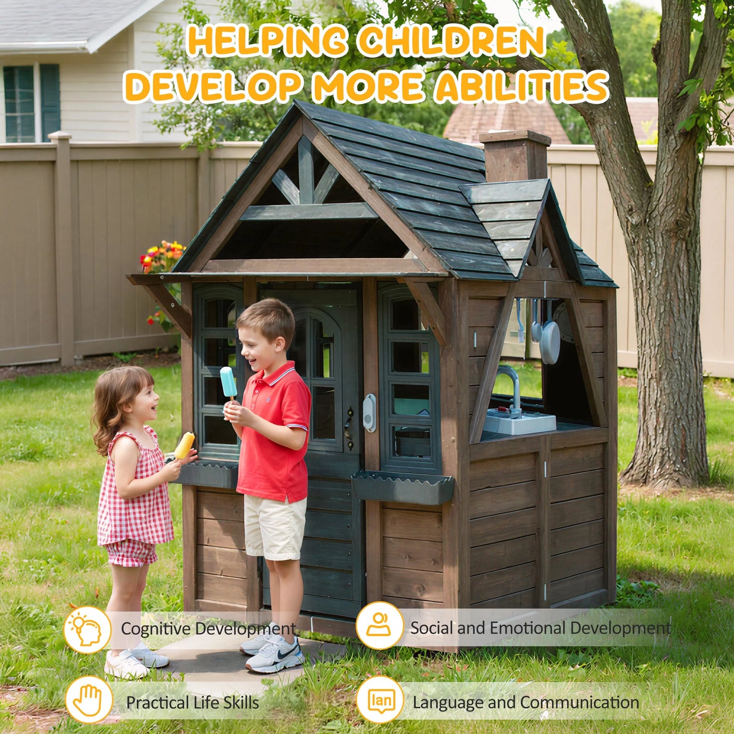 COCLUB Outdoor Playhouse for Kids Ages 4-8, Wooden Play House with Doorbell, Phone, Kitchen Toys, Outdoor Kids Play Equipment, Casa Para Ni?as (45L x 65H), White & Black