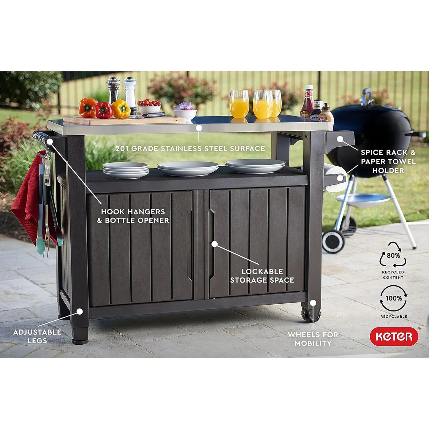 Keter Unity XL Outdoor Durable Kitchen Rolling Bar Cart with Storage Cabinet, Brown