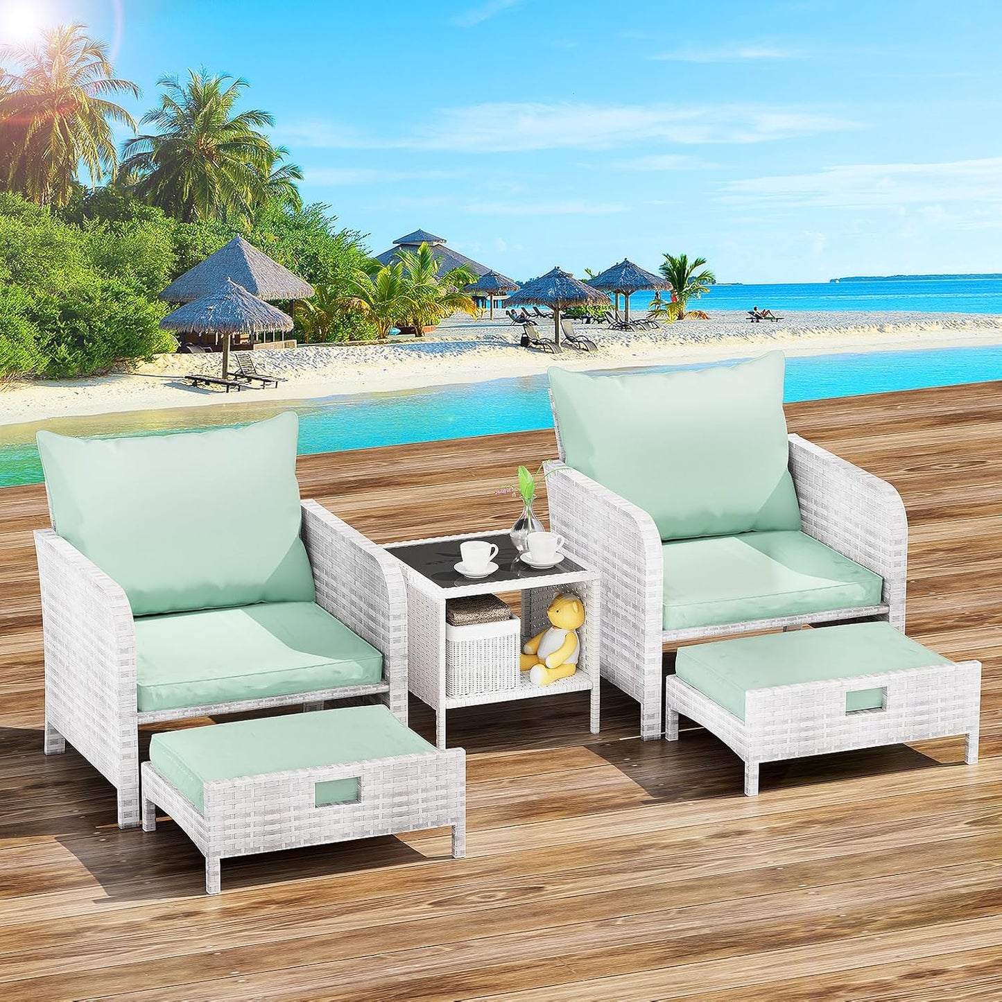 LEVELEVE Balcony Furniture 5 Piece Patio Conversation Set, PE Wicker Rattan Outdoor Lounge Chairs with Soft Cushions 2 Ottoman&Glass Table for Porch, Lawn-Brown Wicker