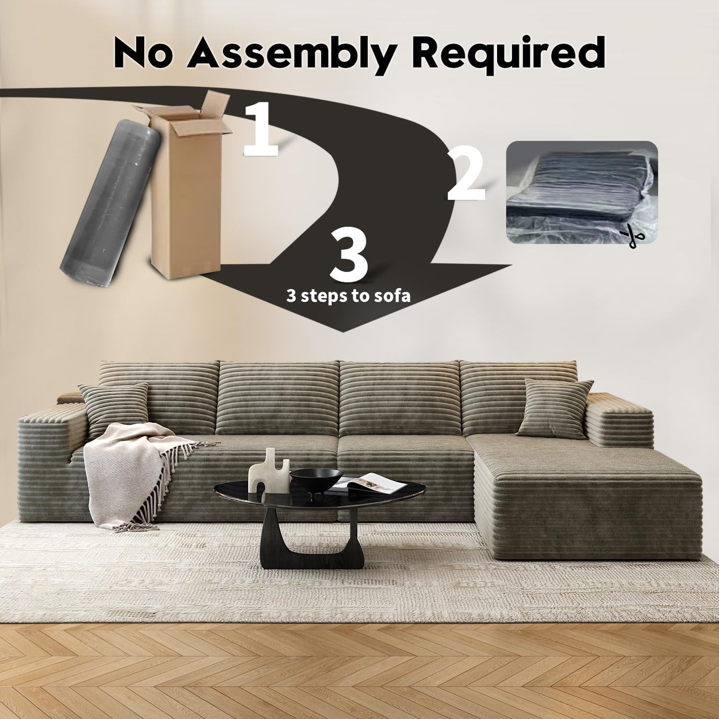 107.5" Cloud Modular Sectional Sofa Couch with L-Shape Chaise,Modern Minimalist Upholstered Couches for Living Room Bedroom,Deep Seat Corner Couch .No Assembly Required (Black,Left Facing Chaise)