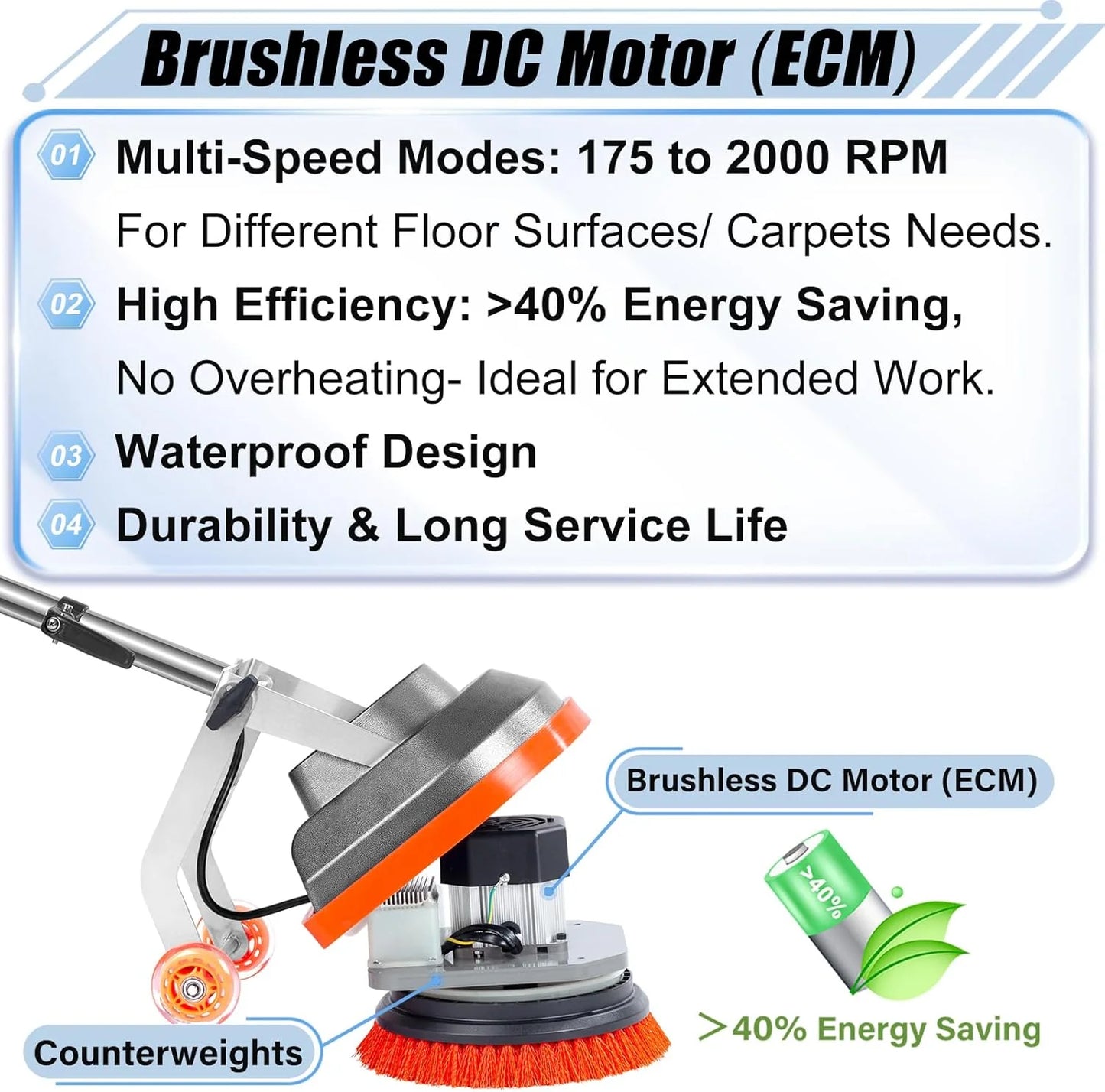 Commercial Floor Scrubber Machine with Brushes and Pads, Heavy Duty Floor Buffer Polisher and Cleaner- Deep Cleaning Tile and Grout, Hardwood Floors and Carpets without Getting on Hands and Knees