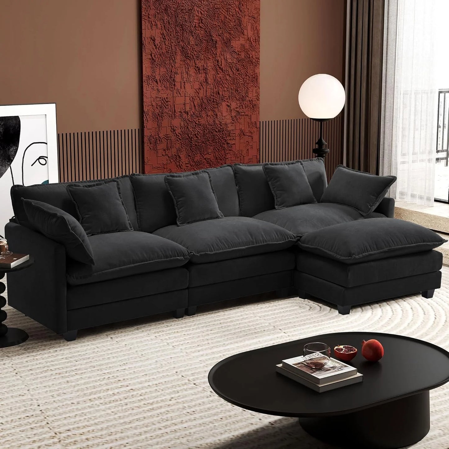 Ihanherry 146" U-Shaped Modern Sofa Modular Sectional Cloud Couch with 2 Ottoman, 6-Seat Chenille Deep Seat Sofa with 6 Pillows for Living Room, Bedroom and Apartment, Grey