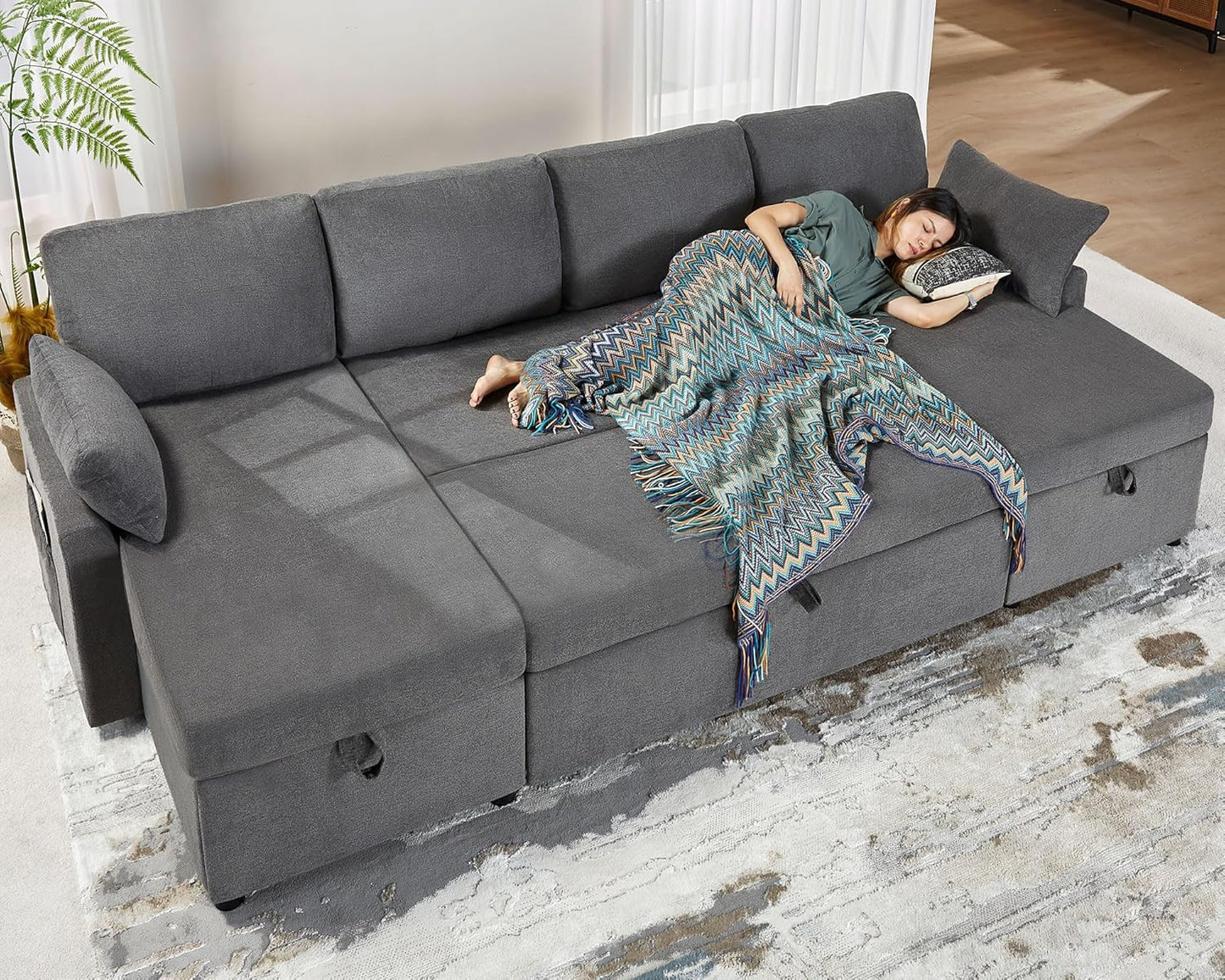 VanAcc Sofa Bed, Sleeper Sofa with Storage Chaise 2 in 1 Pull Out Couch Living Room