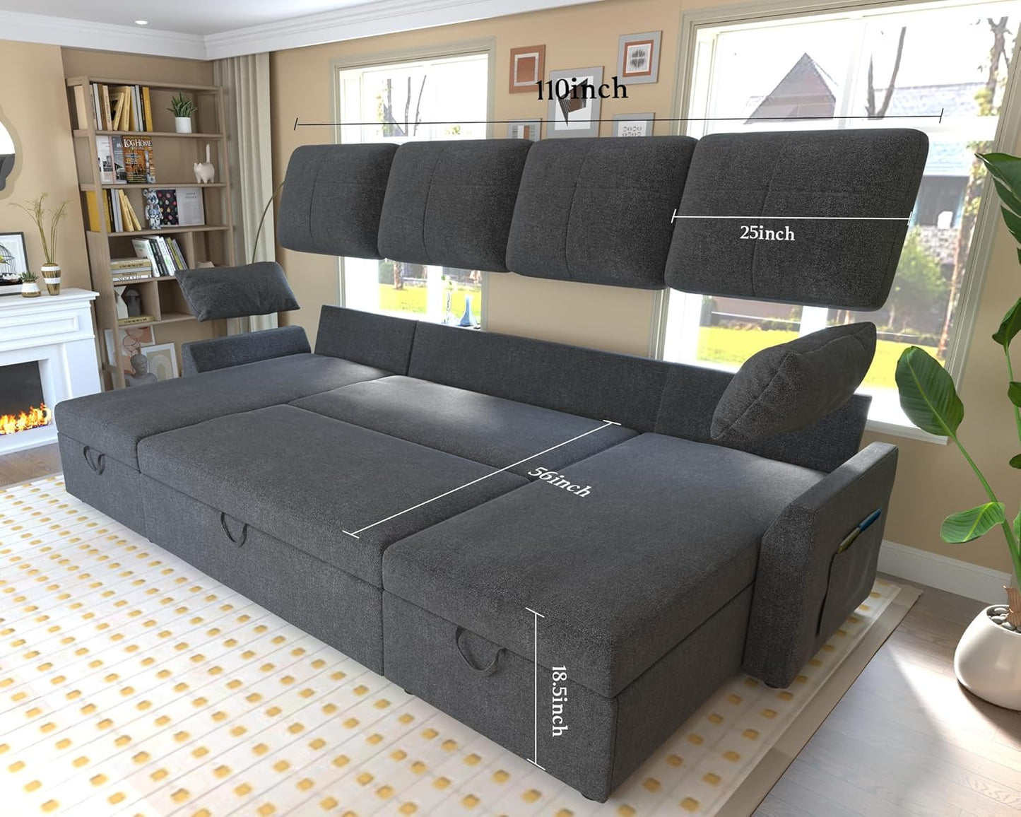 VanAcc Sofa Bed, Sleeper Sofa with Storage Chaise 2 in 1 Pull Out Couch Living Room