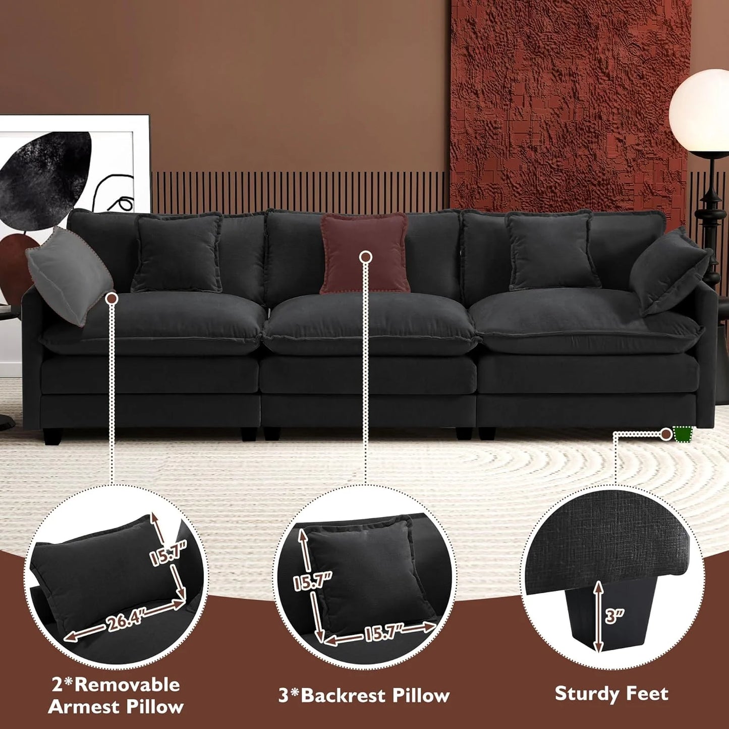 111.4 Inch L-Shaped Modern Sofa Modular Cloud Sofa Ottoman 4-Seater Chenille Deep Seat Sofa