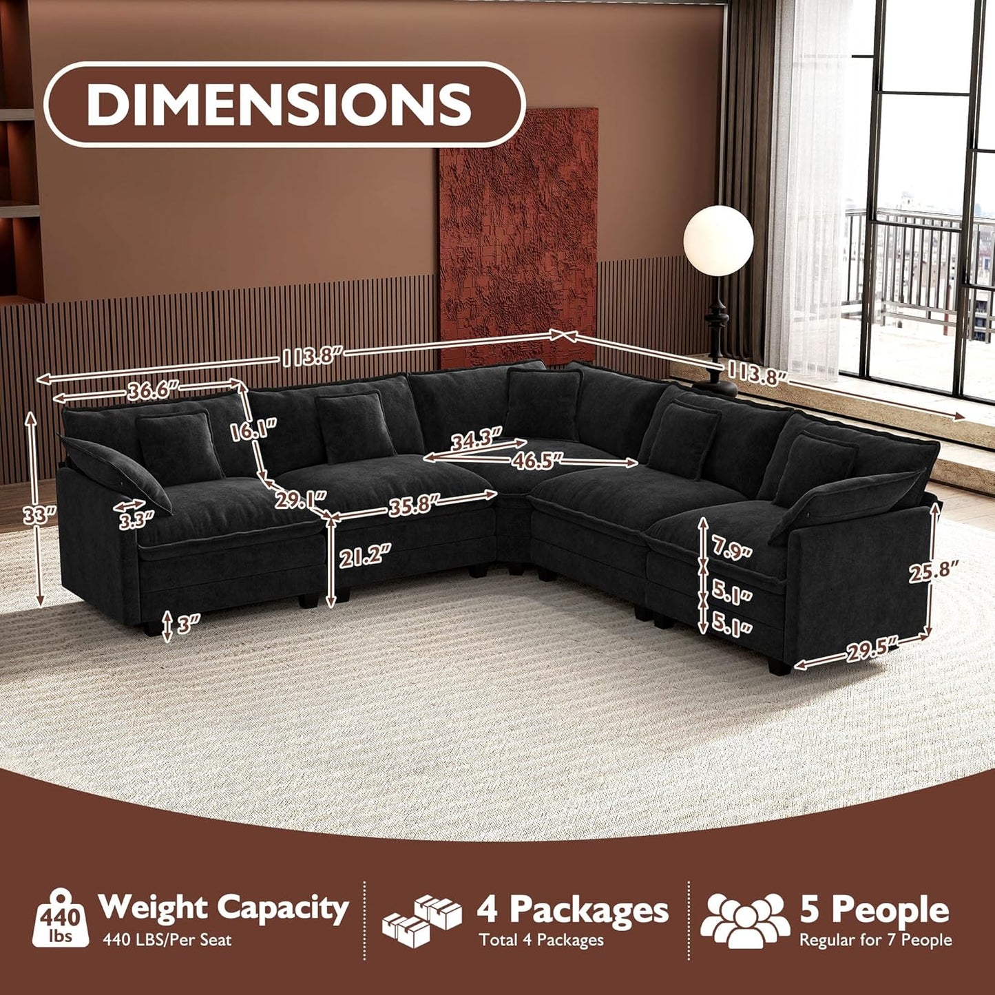 Ihanherry 146" U-Shaped Modern Sofa Modular Sectional Cloud Couch with 2 Ottoman, 6-Seat Chenille Deep Seat Sofa with 6 Pillows for Living Room, Bedroom and Apartment, Grey