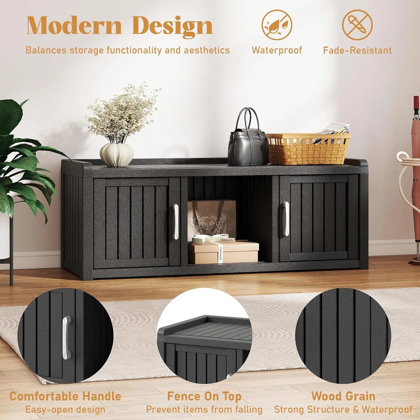 KAMABOKO Outdoor Shoe Storage Cabinet, Waterproof UV-Resistant Entryway Storage Bench Indoor Outdoor with 2 Barn Doors, Adjustable Shelves for Entryway, Bedroom, Hallway,Living Room(Black)