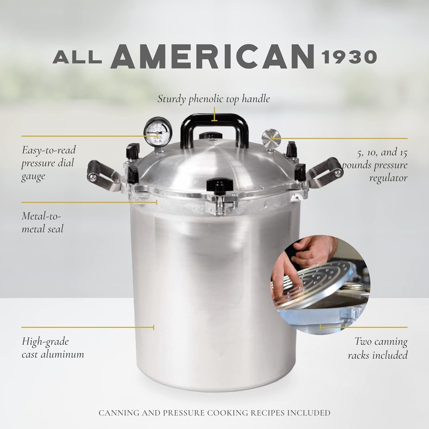 All American 1930: 21.5qt Pressure Cooker/Canner (The 921) – Exclusive Metal to Metal Sealing System – Easy to Open & Close – Suitable for Gas, Electric, or Flat Top Stoves – Made in the USA
