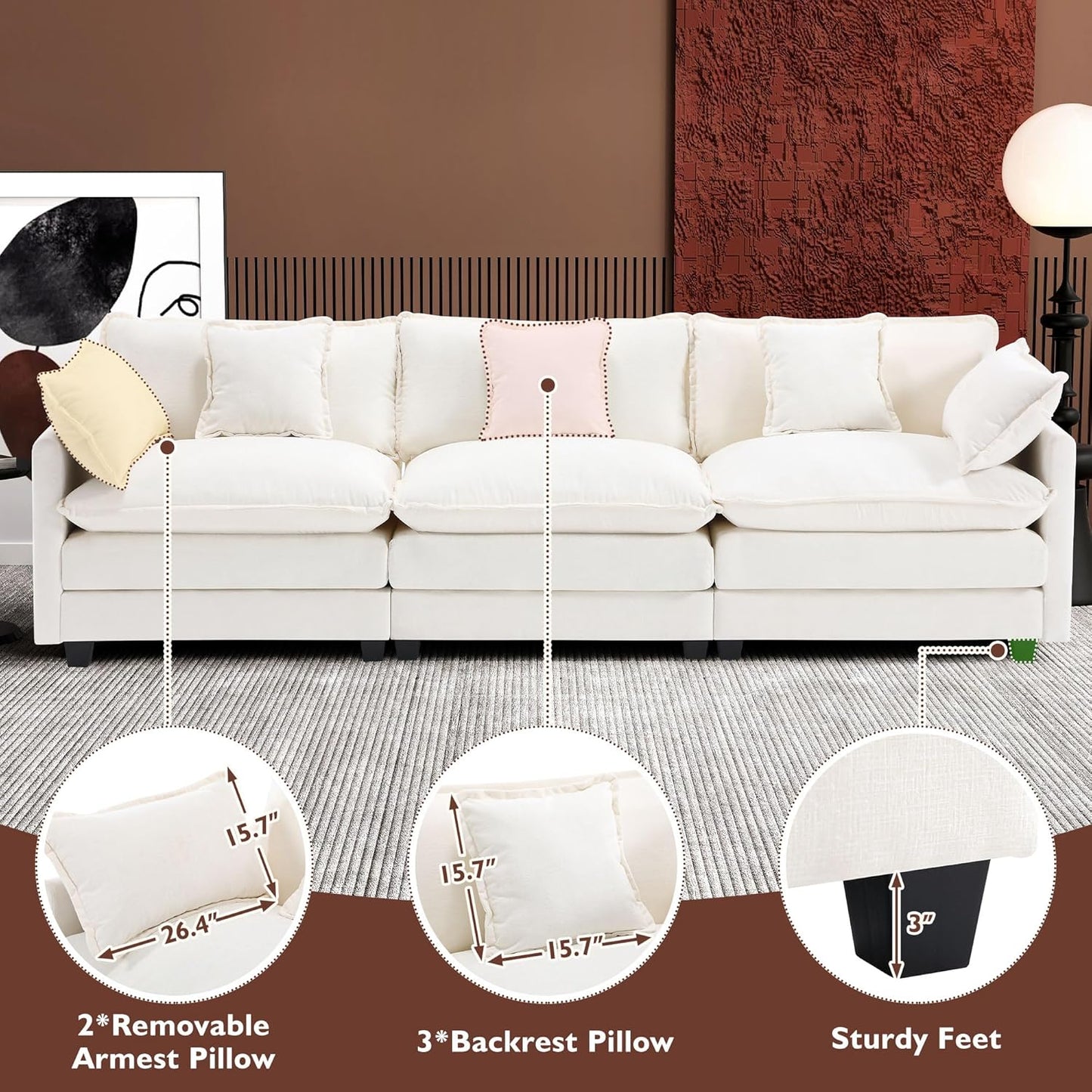 111.4 Inch L-Shaped Modern Sofa Modular Cloud Sofa Ottoman 4-Seater Chenille Deep Seat Sofa