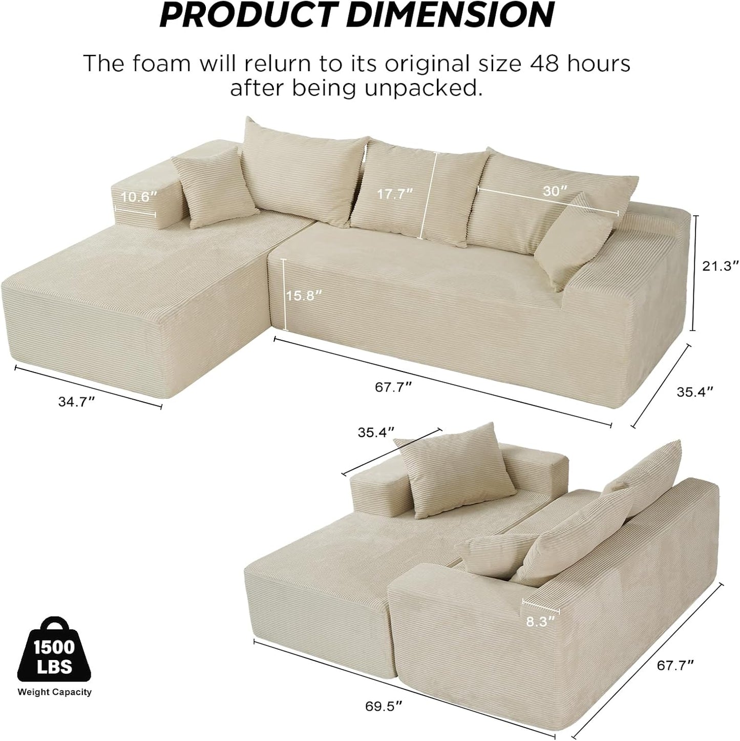 Cloud Sectional Couch with L-Shape Chaise,Modern Modular Sofa with Deep Seat, Upholstered Couches for Living Room Bedroom,No Assembly Required, Beige (Left Facing Chaise)