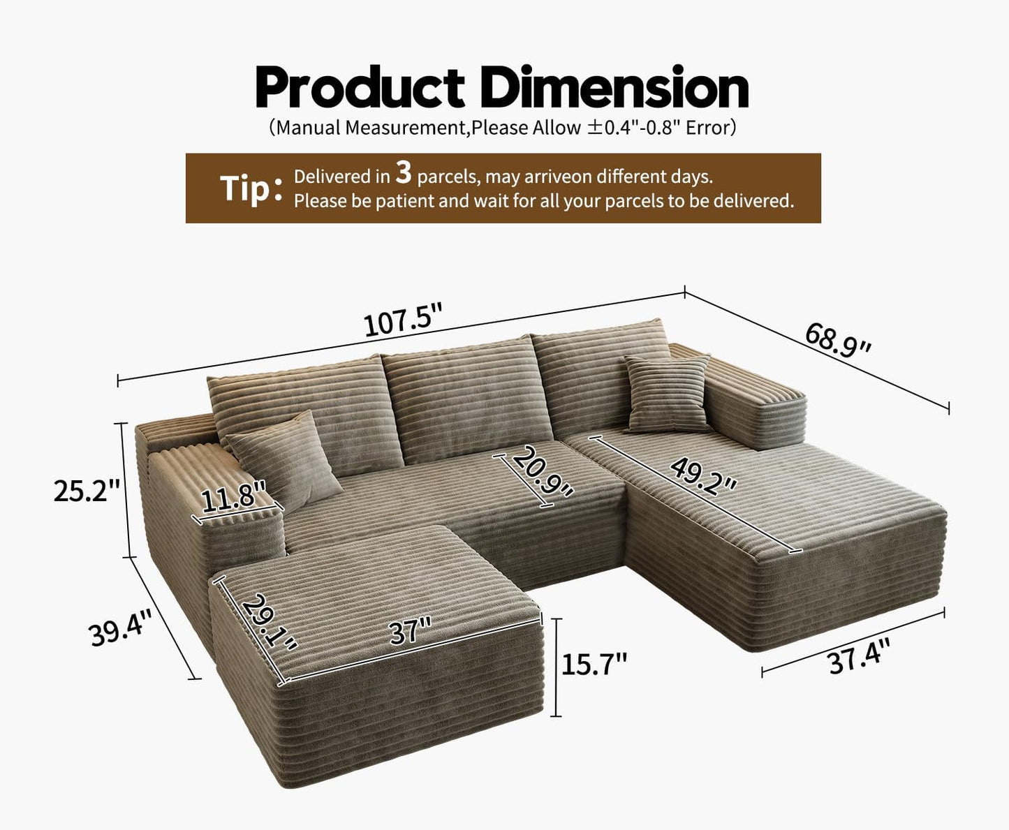 107.5" Cloud Modular Sectional Sofa Couch with L-Shape Chaise,Modern Minimalist Upholstered Couches for Living Room Bedroom,Deep Seat Corner Couch .No Assembly Required (Black,Left Facing Chaise)