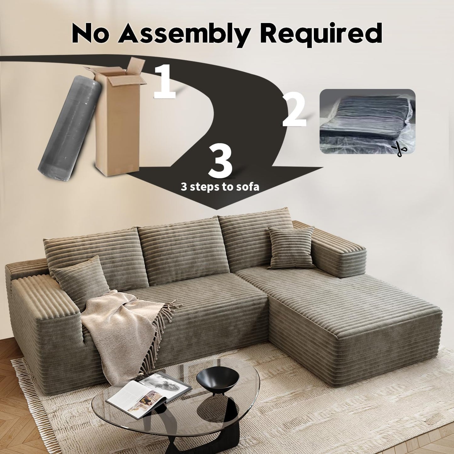 107.5" Cloud Modular Sectional Sofa Couch with L-Shape Chaise,Modern Minimalist Upholstered Couches for Living Room Bedroom,Deep Seat Corner Couch .No Assembly Required (Black,Left Facing Chaise)