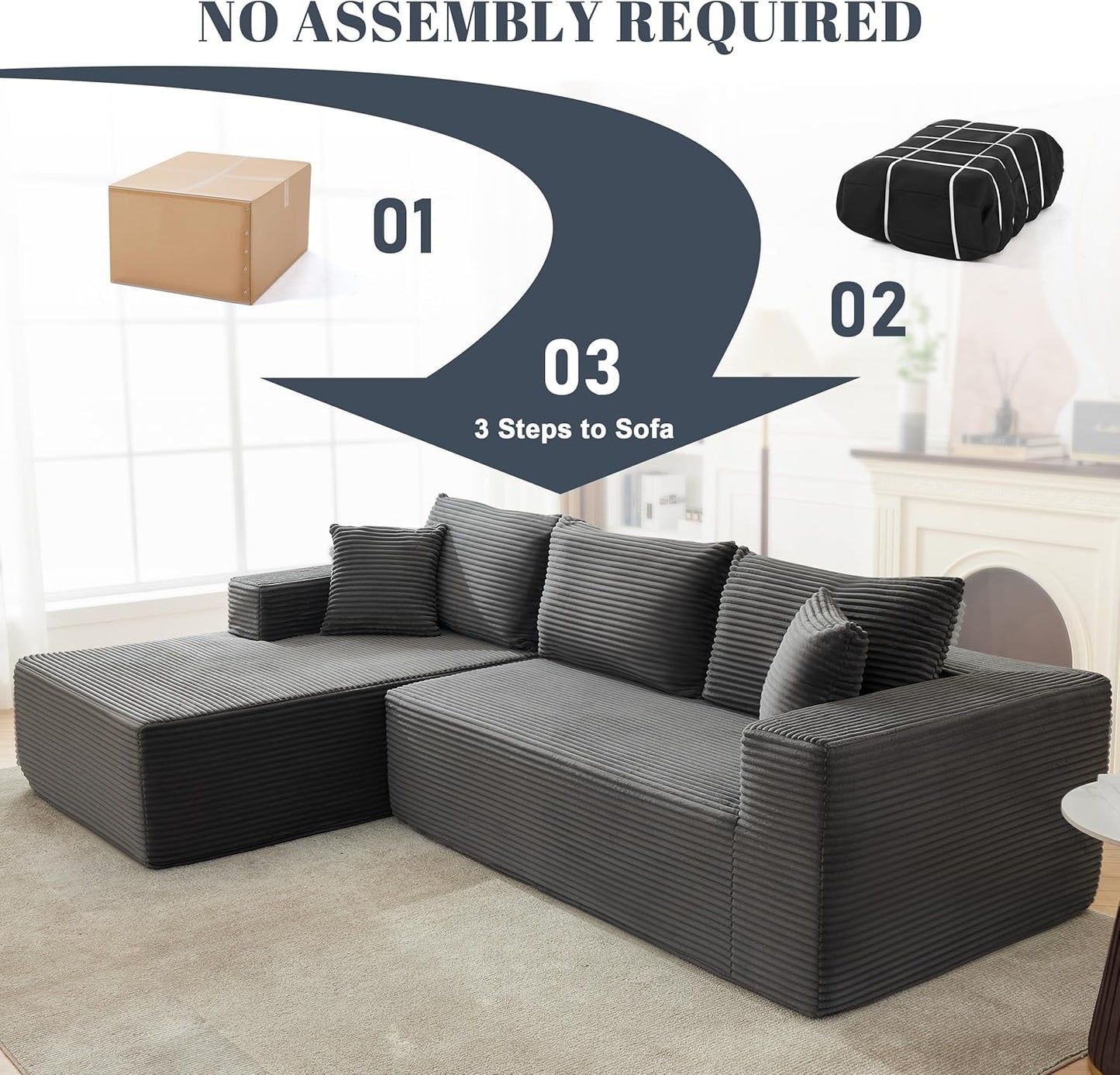 110 Cloud Sectional Couch, Boneless Sofa for Living Room Modular Sectional Sofa with Deep Seat