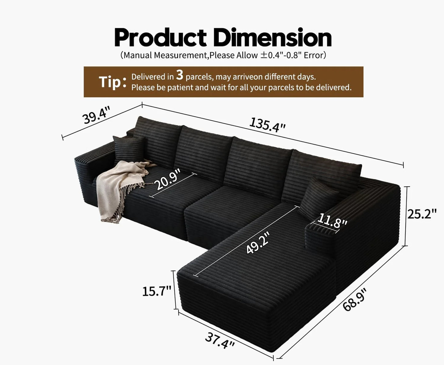 107.5" Cloud Modular Sectional Sofa Couch with L-Shape Chaise,Modern Minimalist Upholstered Couches for Living Room Bedroom,Deep Seat Corner Couch .No Assembly Required (Black,Left Facing Chaise)
