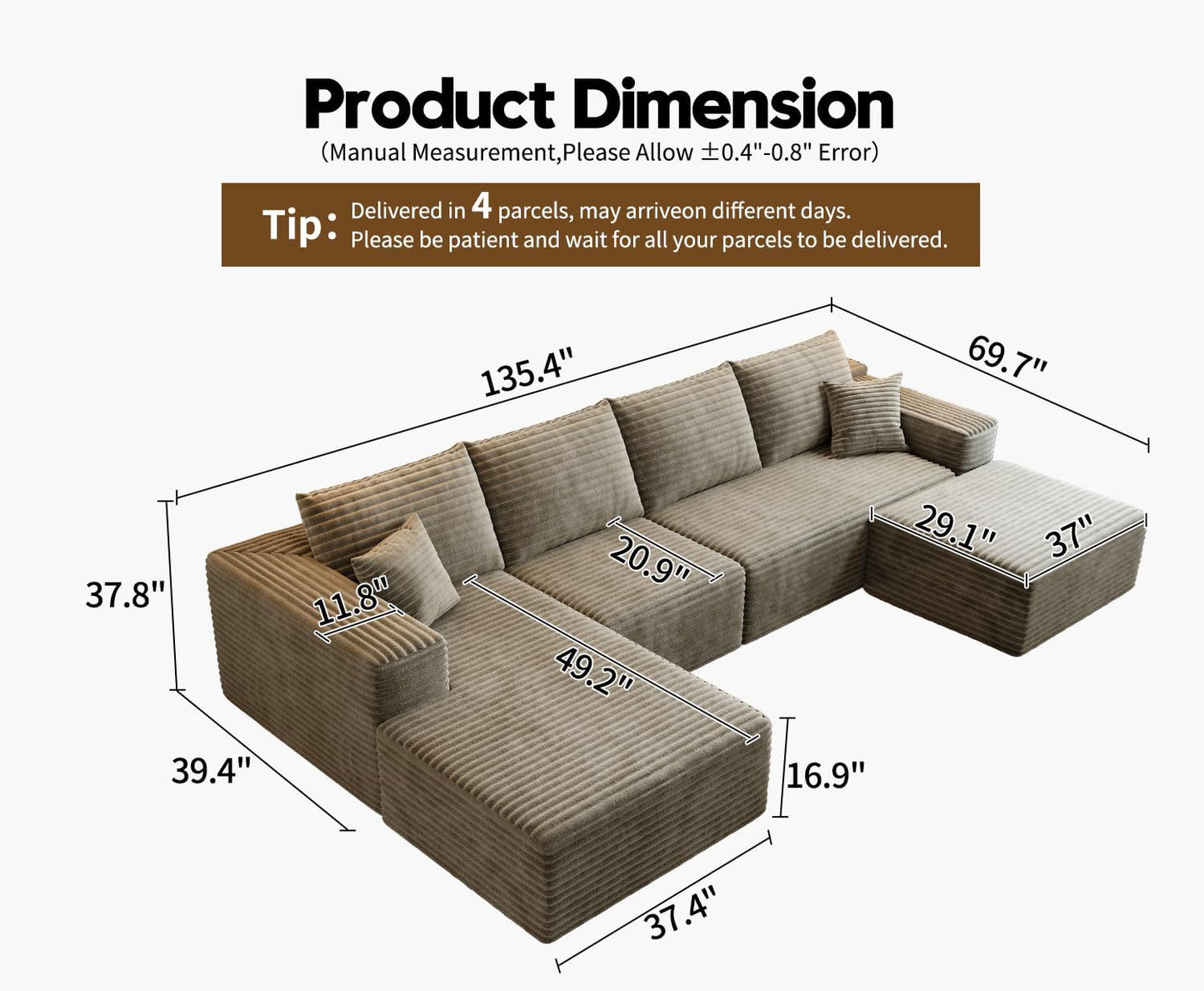 107.5" Cloud Modular Sectional Sofa Couch with L-Shape Chaise,Modern Minimalist Upholstered Couches for Living Room Bedroom,Deep Seat Corner Couch .No Assembly Required (Black,Left Facing Chaise)