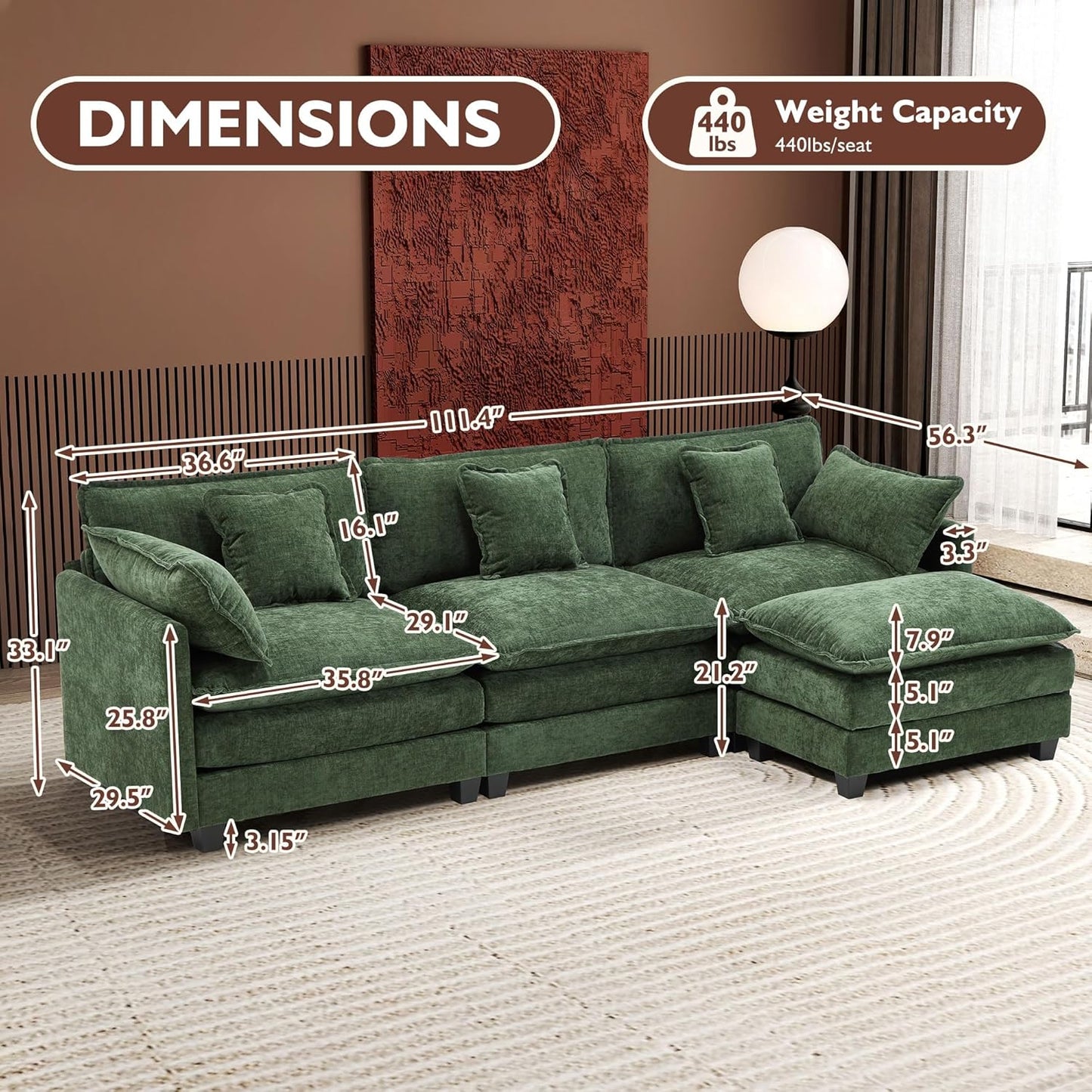 Ihanherry 146" U-Shaped Modern Sofa Modular Sectional Cloud Couch with 2 Ottoman, 6-Seat Chenille Deep Seat Sofa with 6 Pillows for Living Room, Bedroom and Apartment, Grey