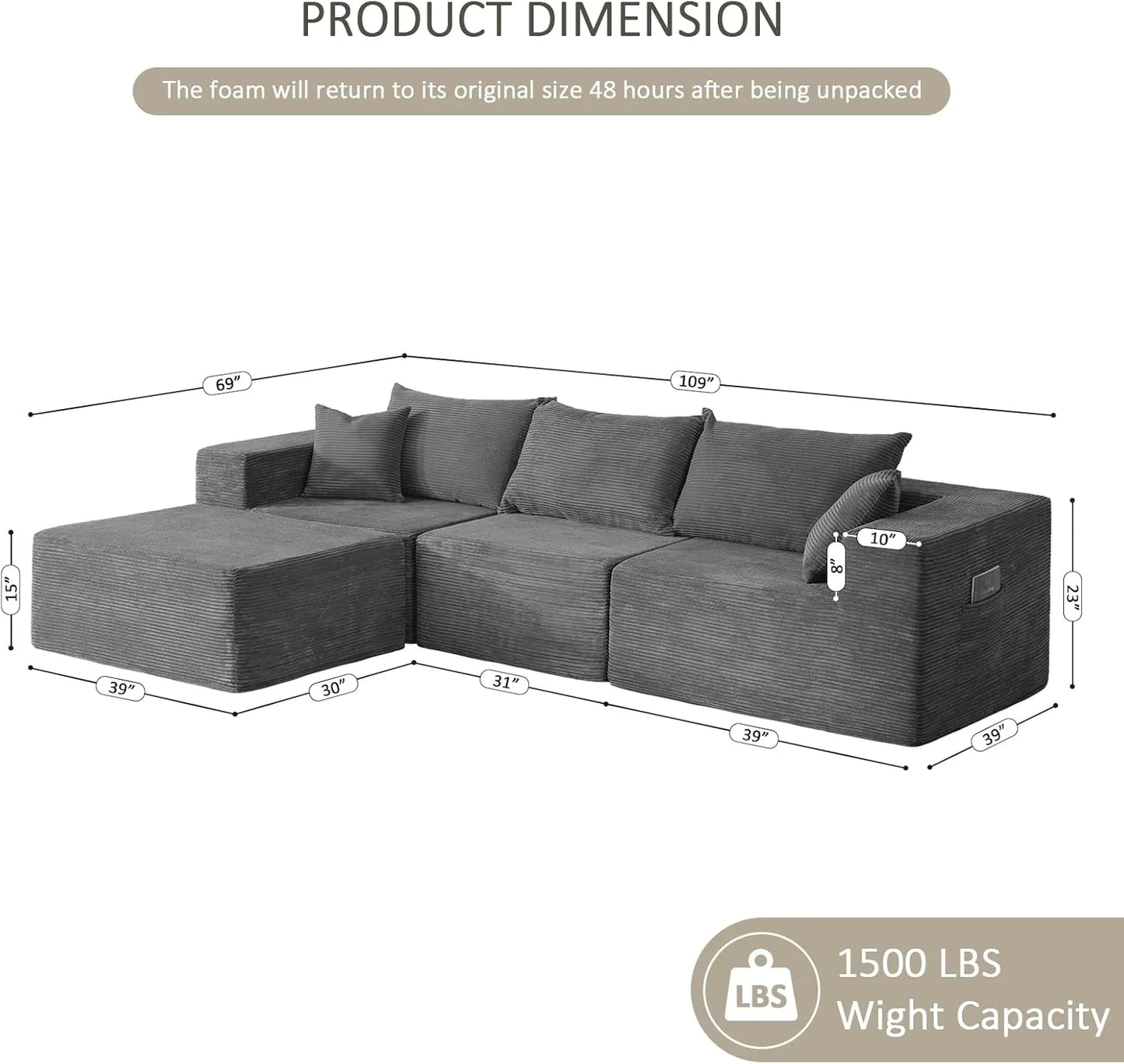 Cloud Sectional Couch with L-Shape Chaise,Modern Modular Sofa with Deep Seat, Upholstered Couches for Living Room Bedroom,No Assembly Required, Beige (Left Facing Chaise)