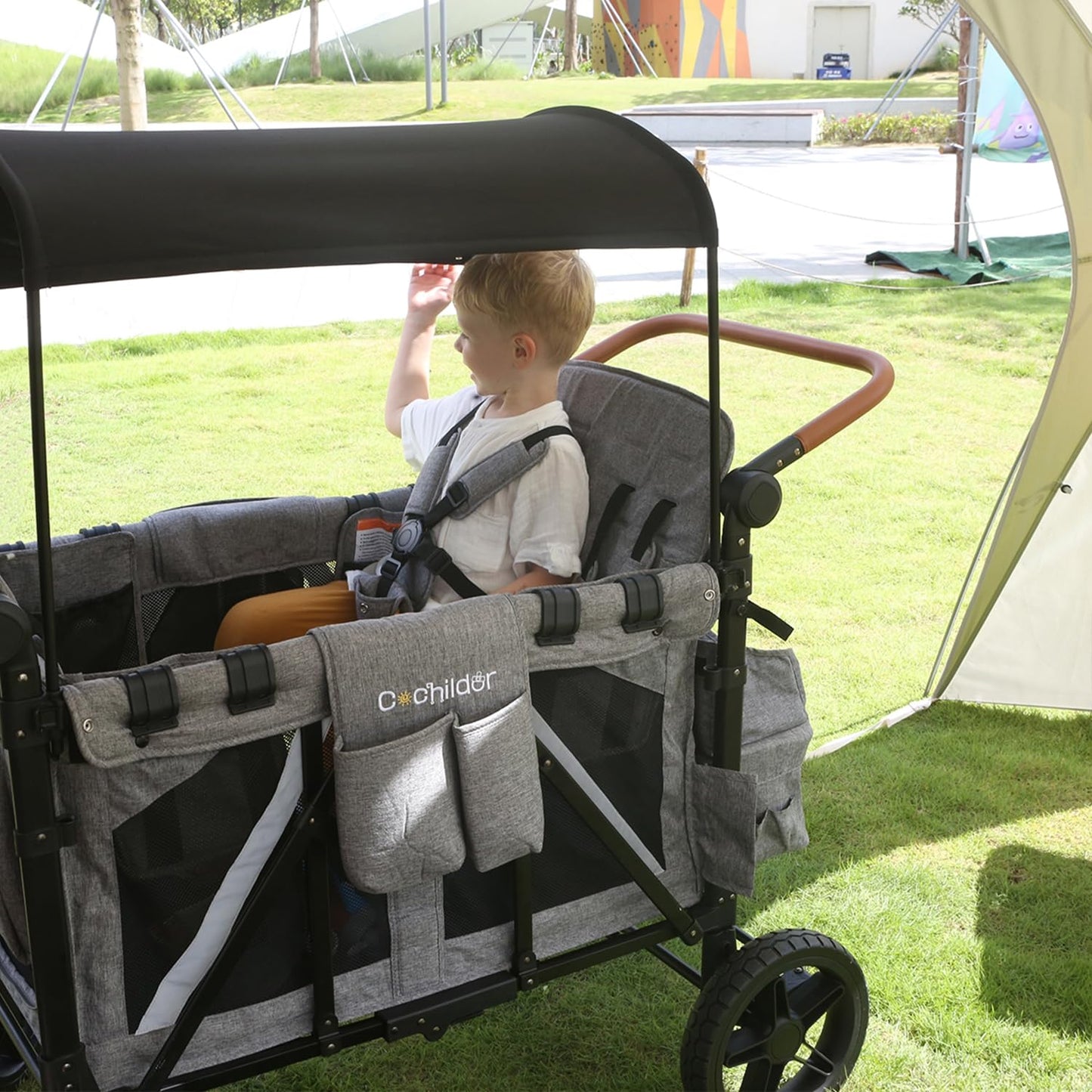 All-Terrain 4 Seater Wagon Stroller for Kids - Heavy-Duty 300lb Capacity, One-Hand Fold Design, High Seats with 5-Point Harness, Adjustable Canopy and Handlebars, Light Grey