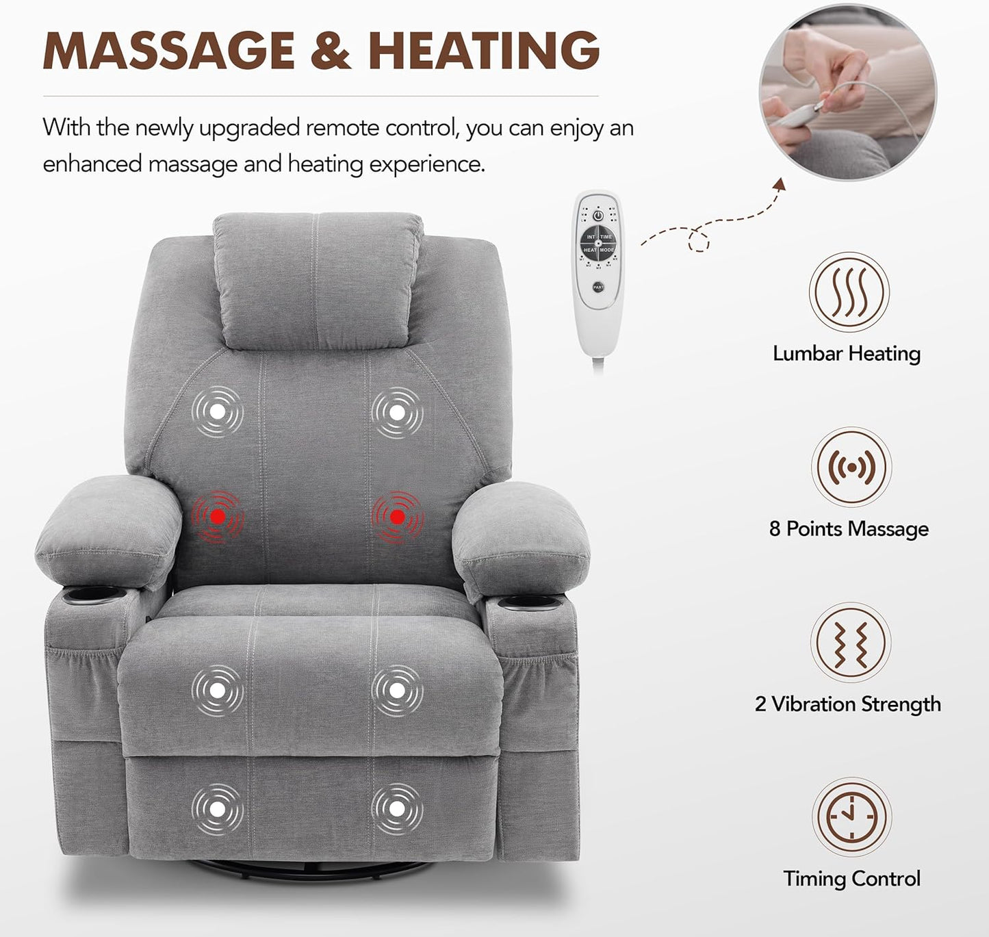 Oversized Swivel Rocker Recliner Chair with Heat and Massage, 360 Degree Swivel Rocking Single Sofa with Cup Holders and USB Port, Large Big Recliner Chair for Living Room (Leather, Brown)