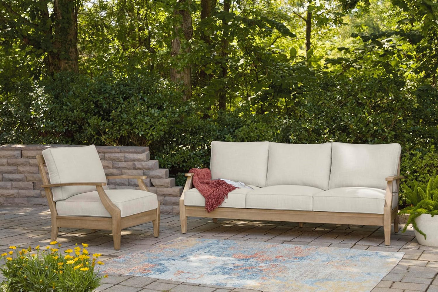 Signature Design by Ashley Clare View Coastal Outdoor Patio Eucalyptus Sofa with Cushions, Beige