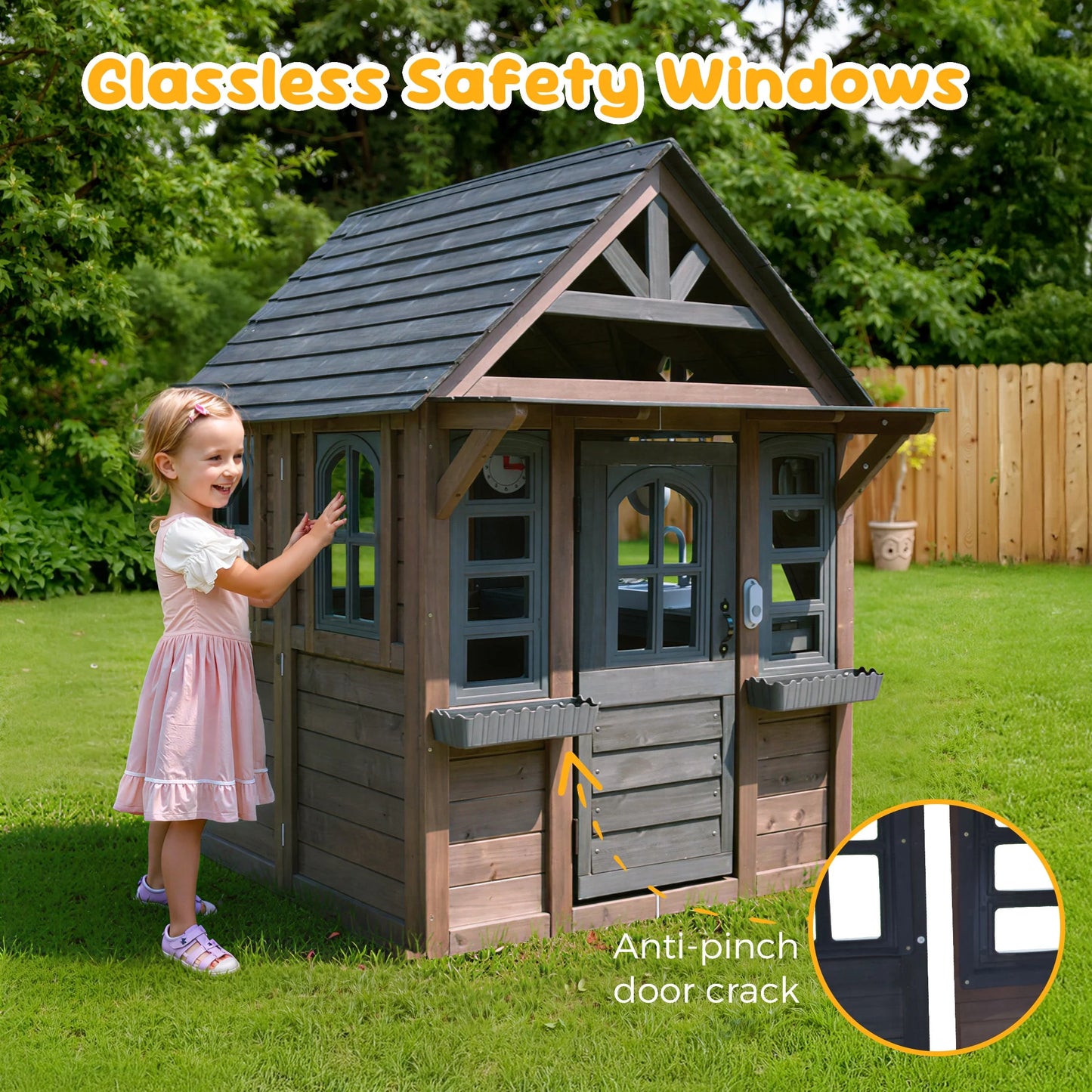COCLUB Outdoor Playhouse for Kids Ages 4-8, Wooden Play House with Doorbell, Phone, Kitchen Toys, Outdoor Kids Play Equipment, Casa Para Ni?as (45L x 65H), White & Black