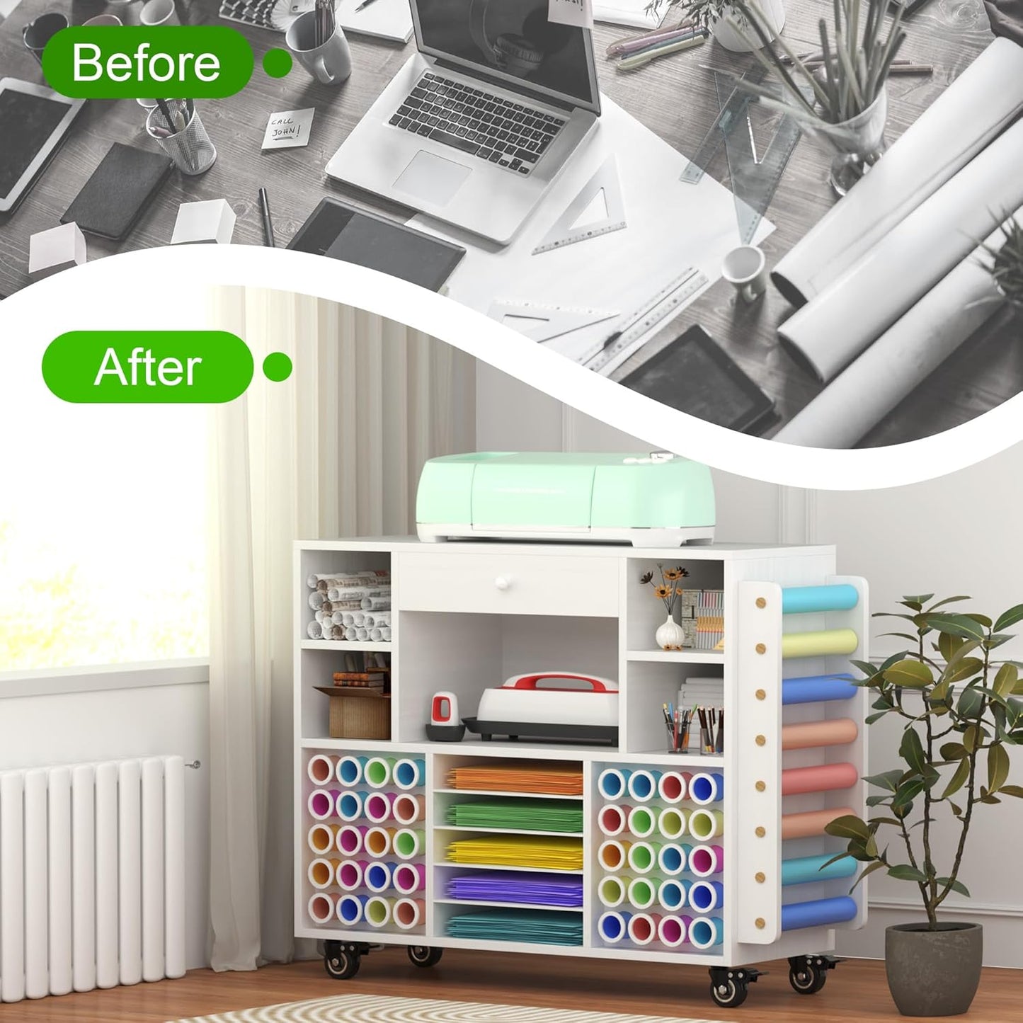 2025 Craft organization and storage Cart Compatible with Cricut Machine, Rolling Craft Organizer With large drawer & 48 Vinyl Roll Holder, Crafting Cabinet Table Workstation for Craft Room Home