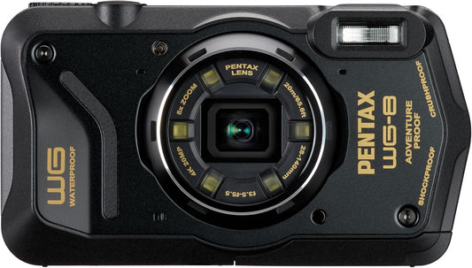 The black all-weather weather exploration camera features excellent waterproof, dustproof and shockproof capabilities, and is equipped with a versatile ring light suitable for macro photography and webcams.