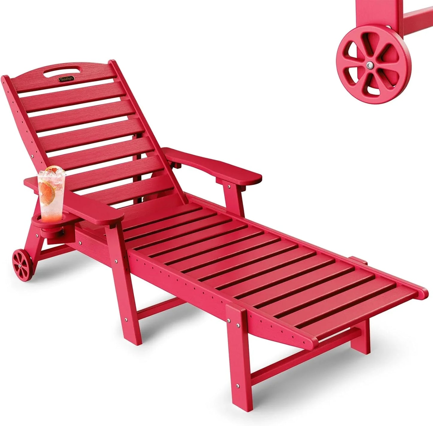 Lounge Chair Outdoor, Chaise Lounge, HDPE 6-Position Outdoor Chaise Lounge, Patio Lounge Chair with Wheels & Cup Holder for Pool Poolside Deck Backyard, Teak