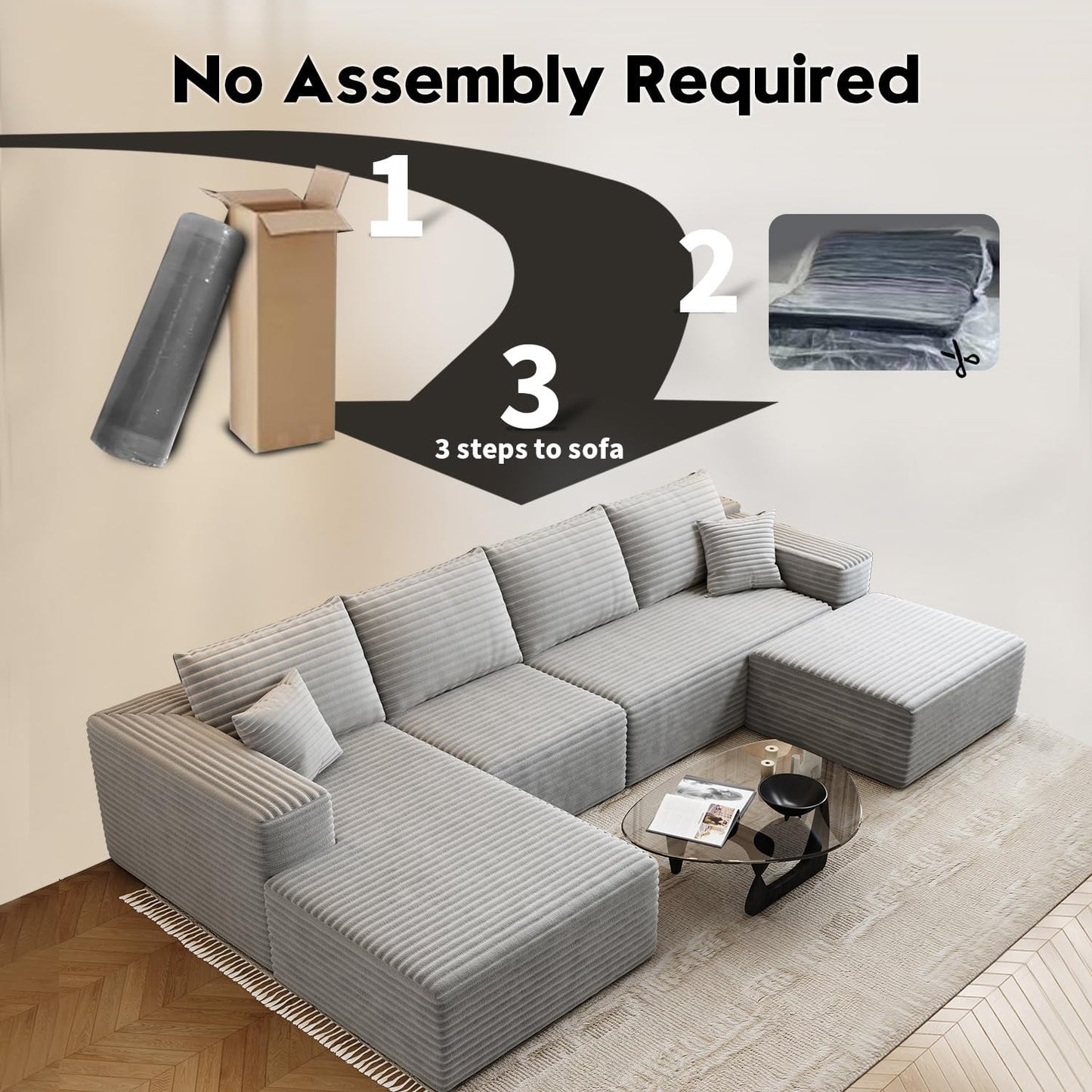 107.5" Cloud Modular Sectional Sofa Couch with L-Shape Chaise,Modern Minimalist Upholstered Couches for Living Room Bedroom,Deep Seat Corner Couch .No Assembly Required (Black,Left Facing Chaise)