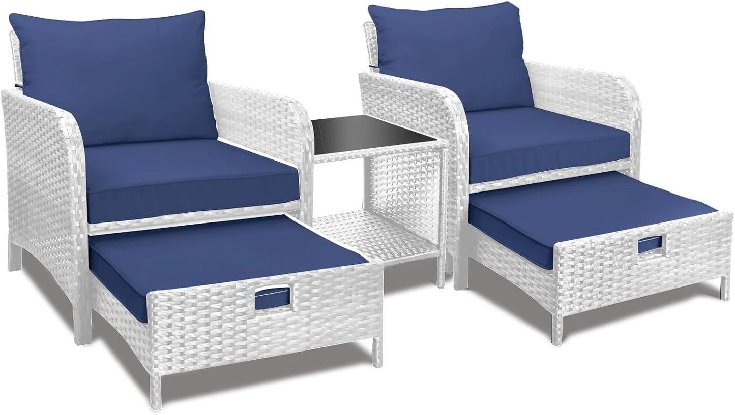 LEVELEVE Balcony Furniture 5 Piece Patio Conversation Set, PE Wicker Rattan Outdoor Lounge Chairs with Soft Cushions 2 Ottoman&Glass Table for Porch, Lawn-Brown Wicker
