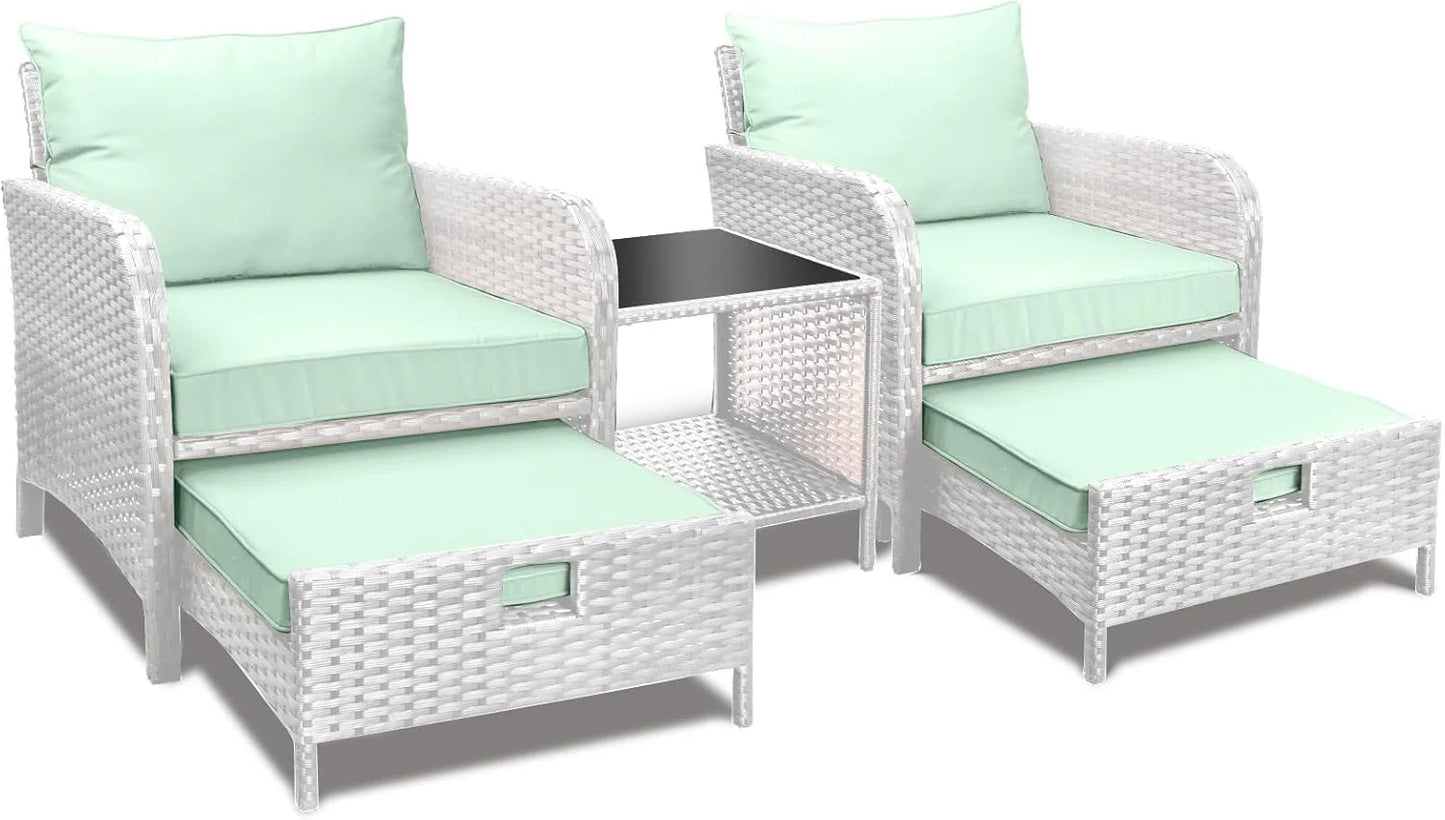 LEVELEVE Balcony Furniture 5 Piece Patio Conversation Set, PE Wicker Rattan Outdoor Lounge Chairs with Soft Cushions 2 Ottoman&Glass Table for Porch, Lawn-Brown Wicker